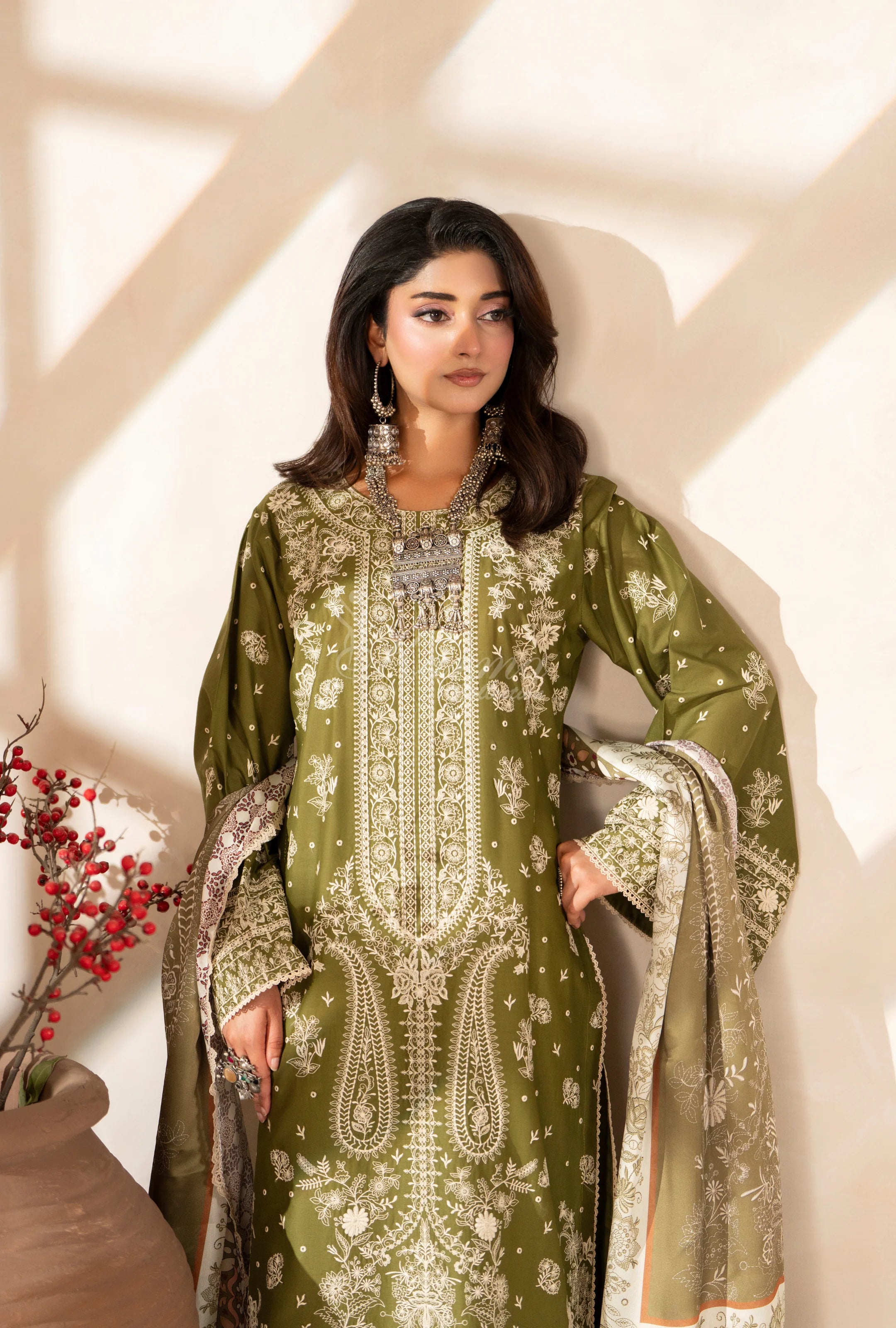 Original Karma collection olive green 3pc outfit with silk scarf