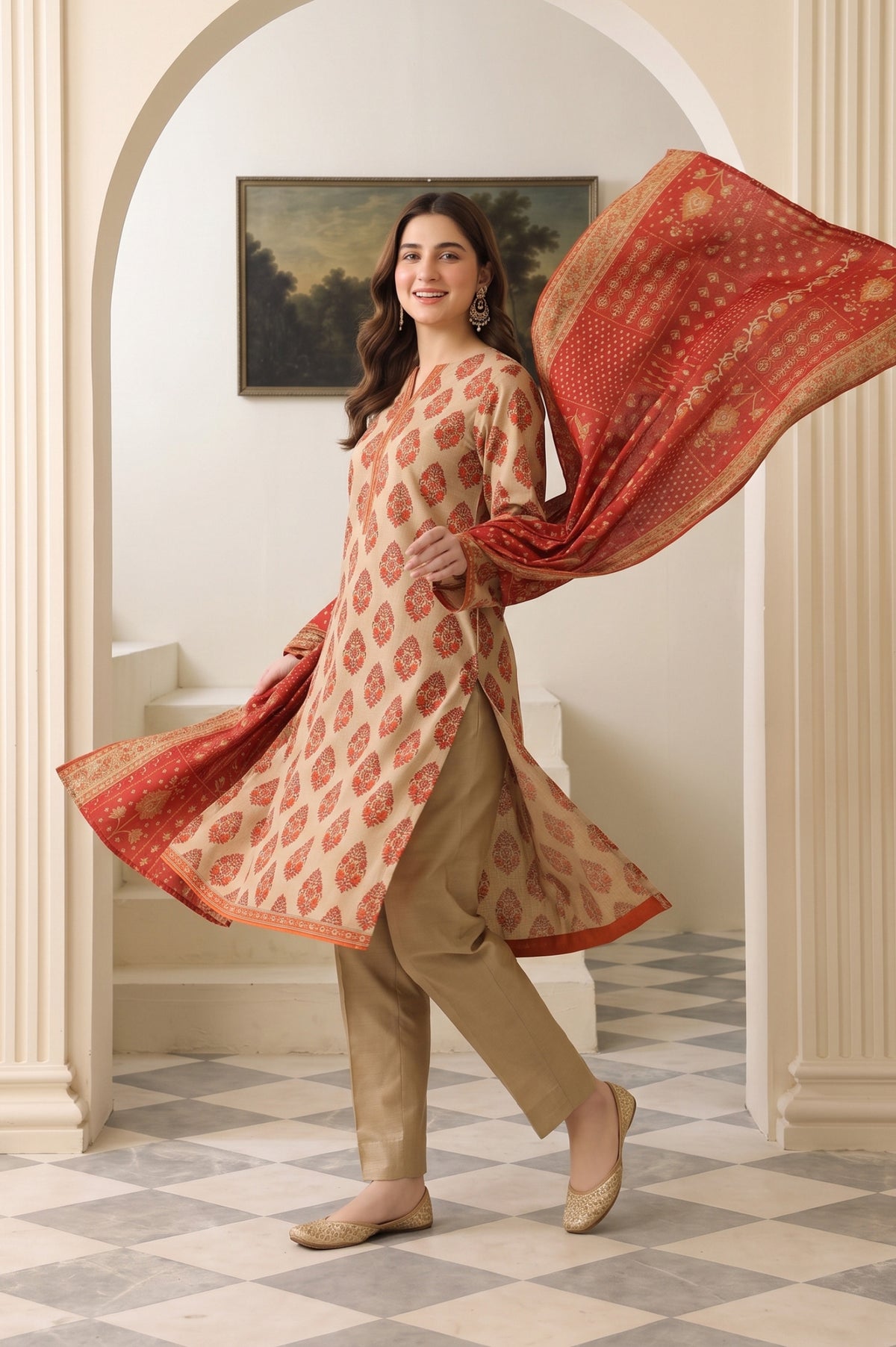 Rust Orange & Beige Printed Khaddar 3-Piece Suit