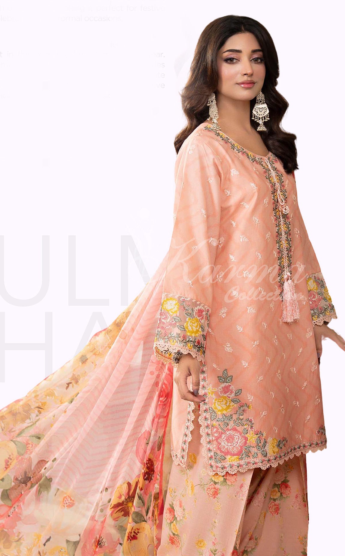 Apricot Embroidered Lawn Suit with Floral Printed Dupatta & Farshi Shalwar