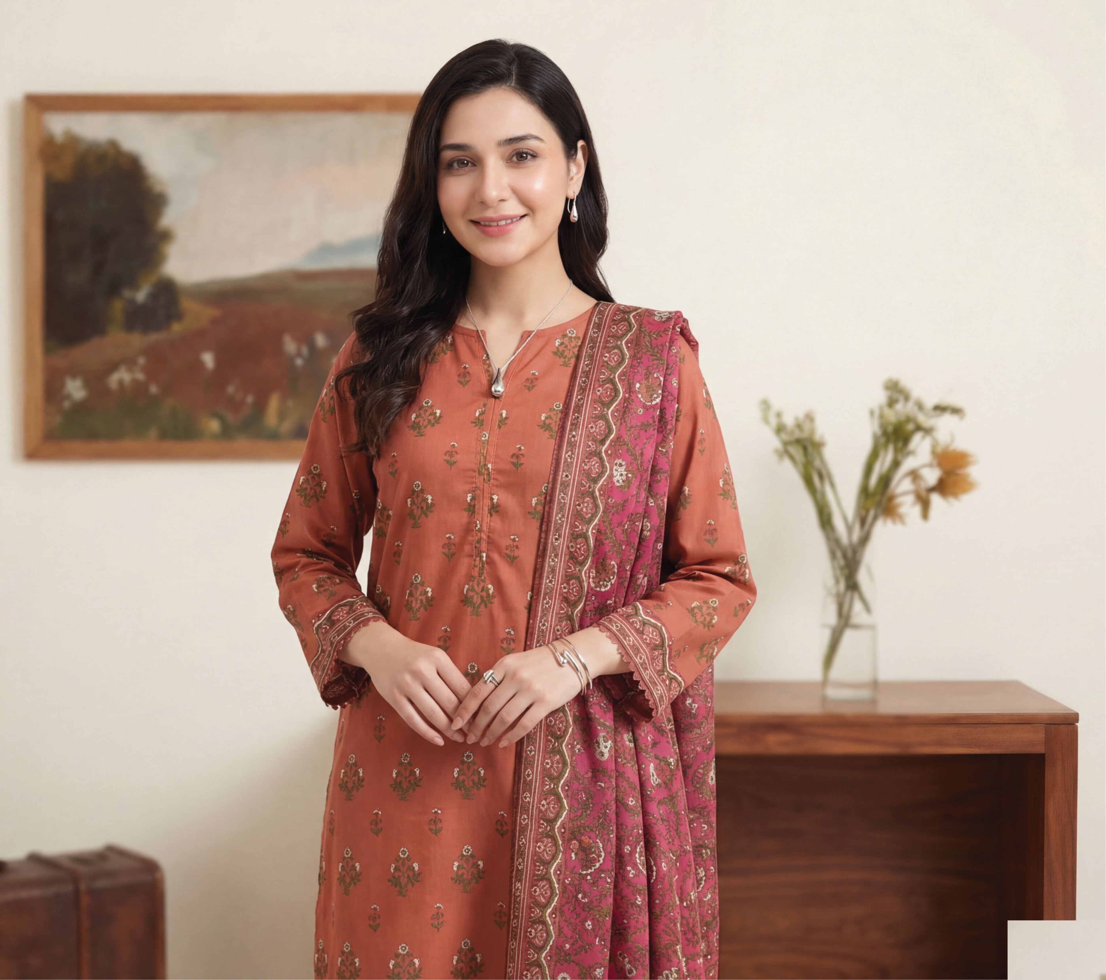 Terracotta Lawn Rotary Print 3PC Ready-to-Wear