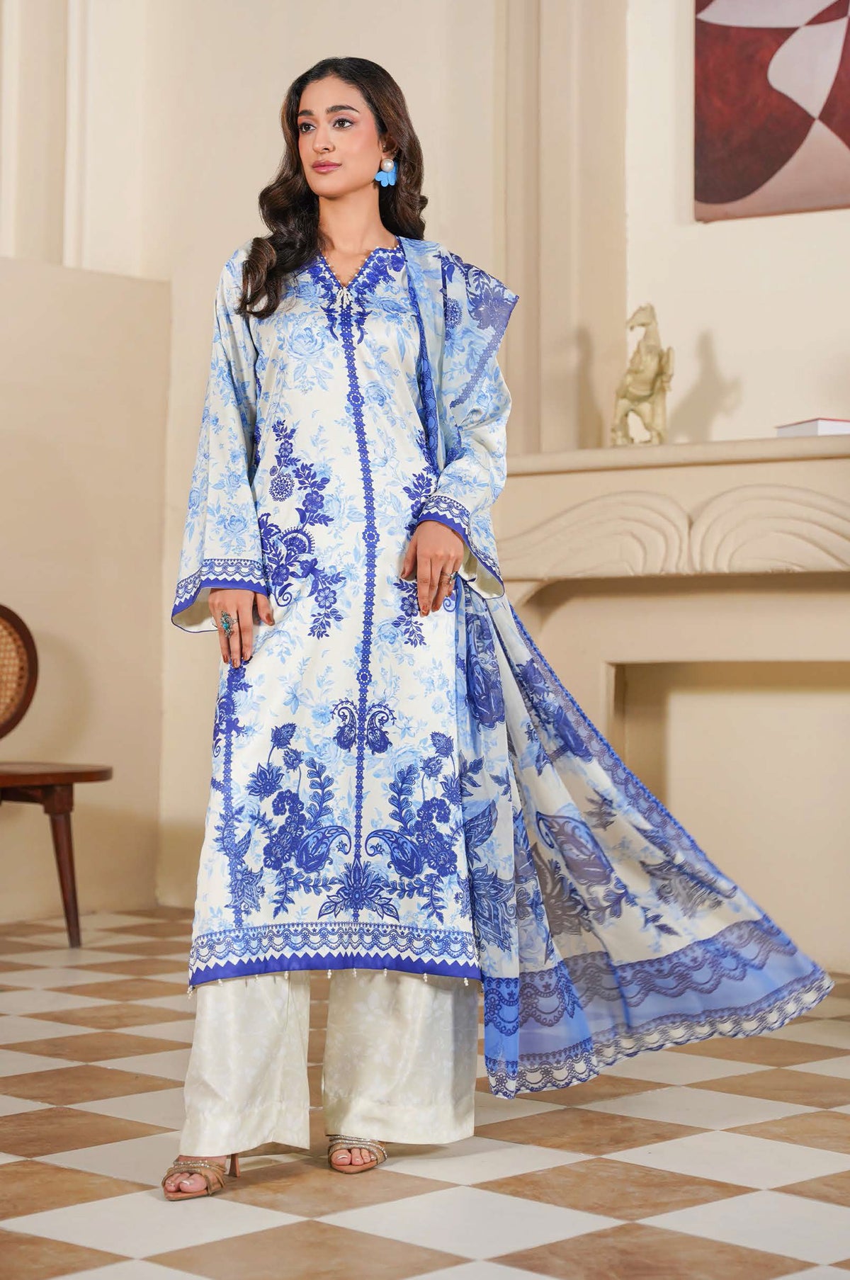 White and Royal Blue Floral Printed 3-Piece Suit with Elegant Borders