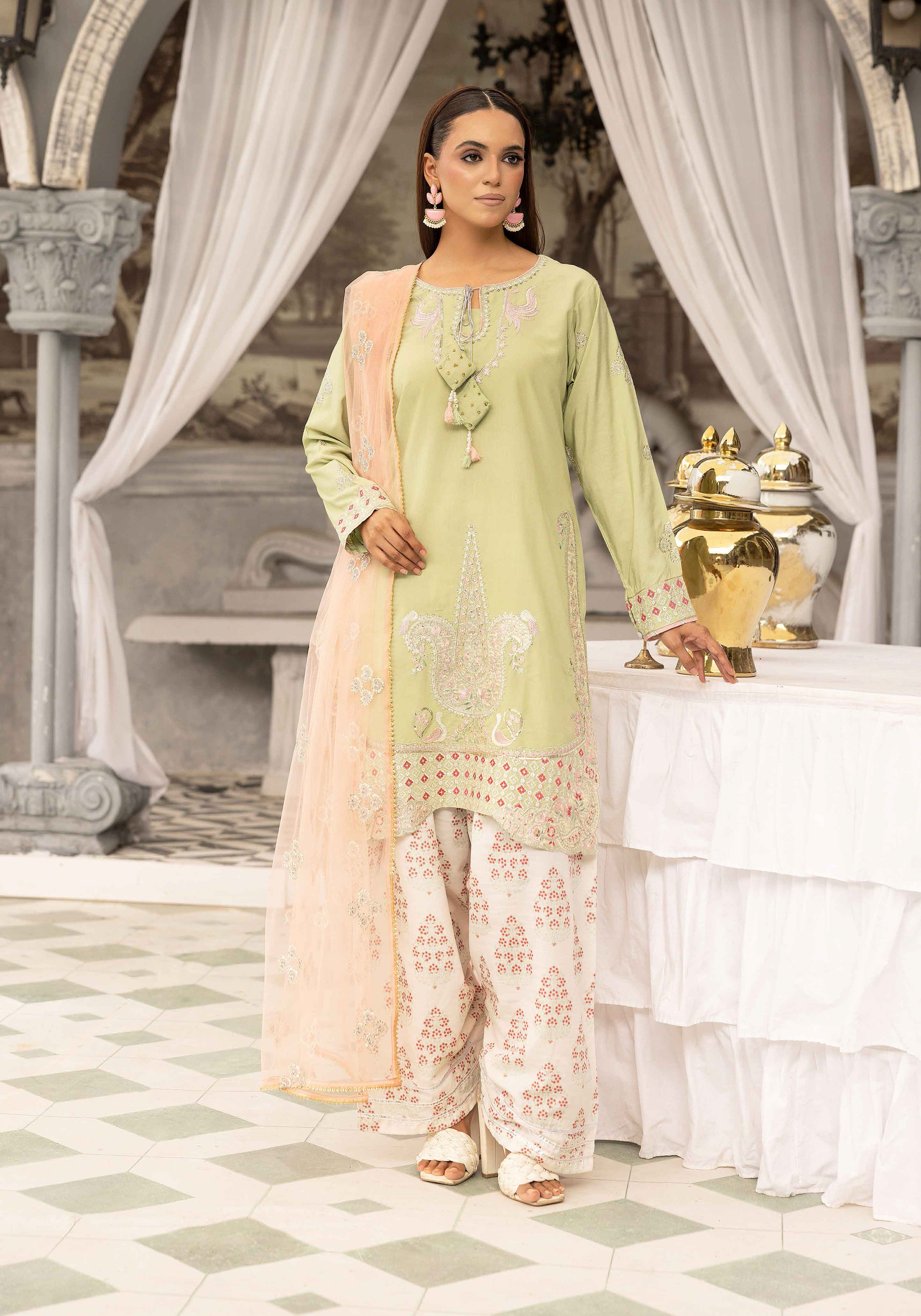 Pistachio Green Embroidered 3-Piece Lawn Suit with Organza Dupatta & Printed Palazzo
