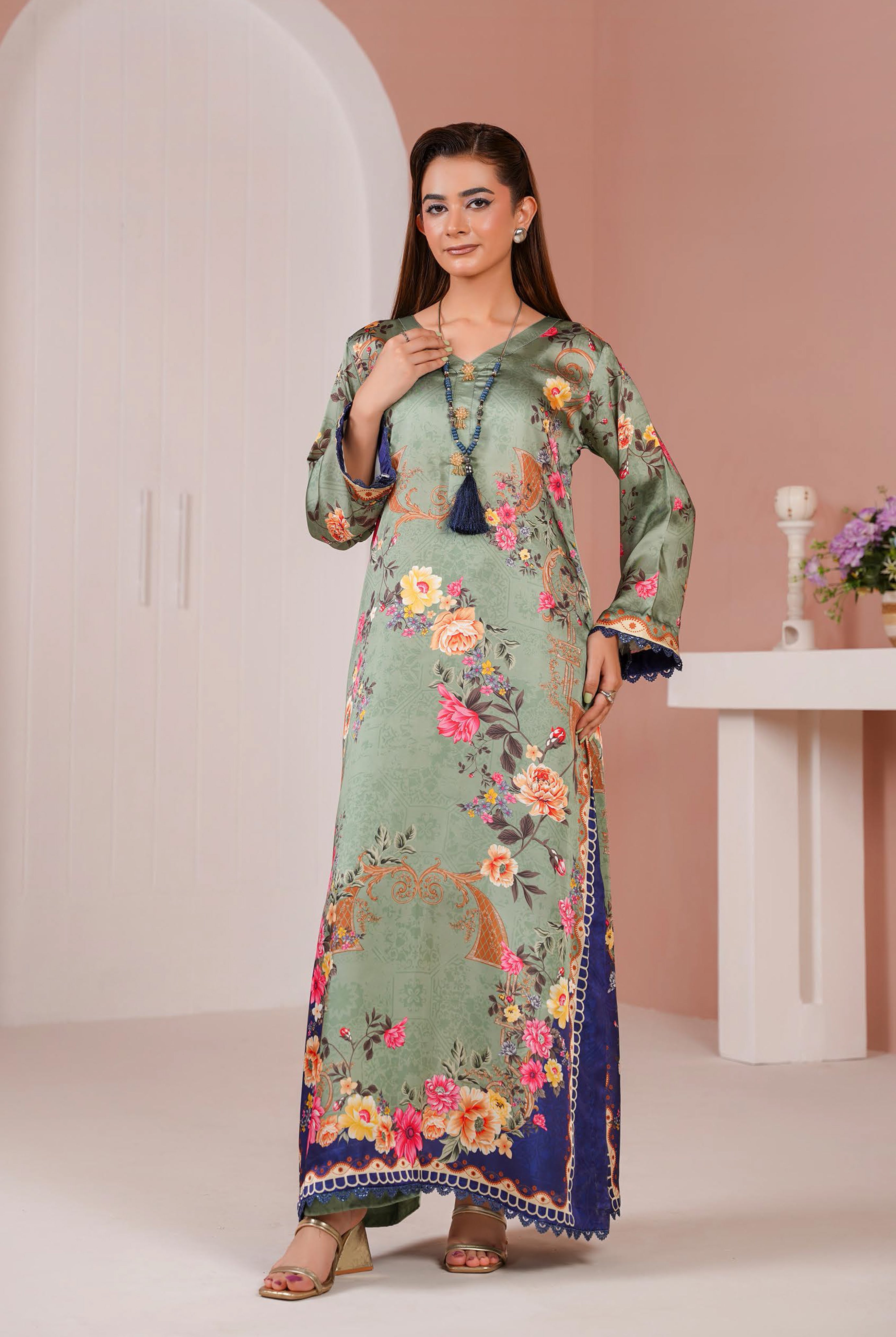 Sage Green Printed Silk Long Shirt & Trouser