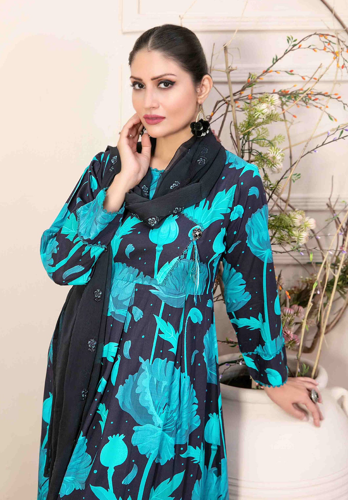 Black and Turquoise Floral 3-Piece Suit with Embroidered Chiffon Dupatta