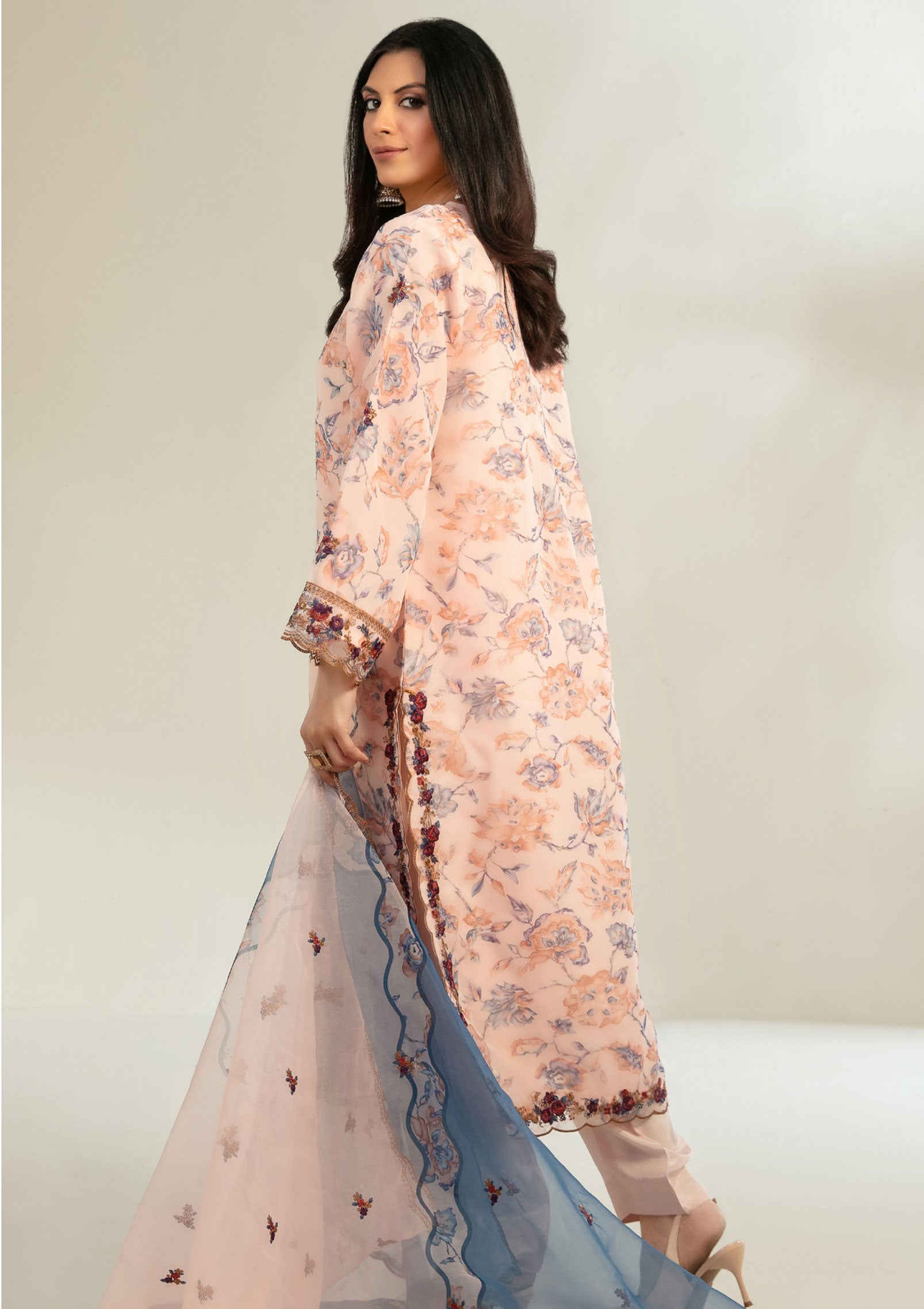 Peach Cream Stitched Fancy Embrioderd organza suit