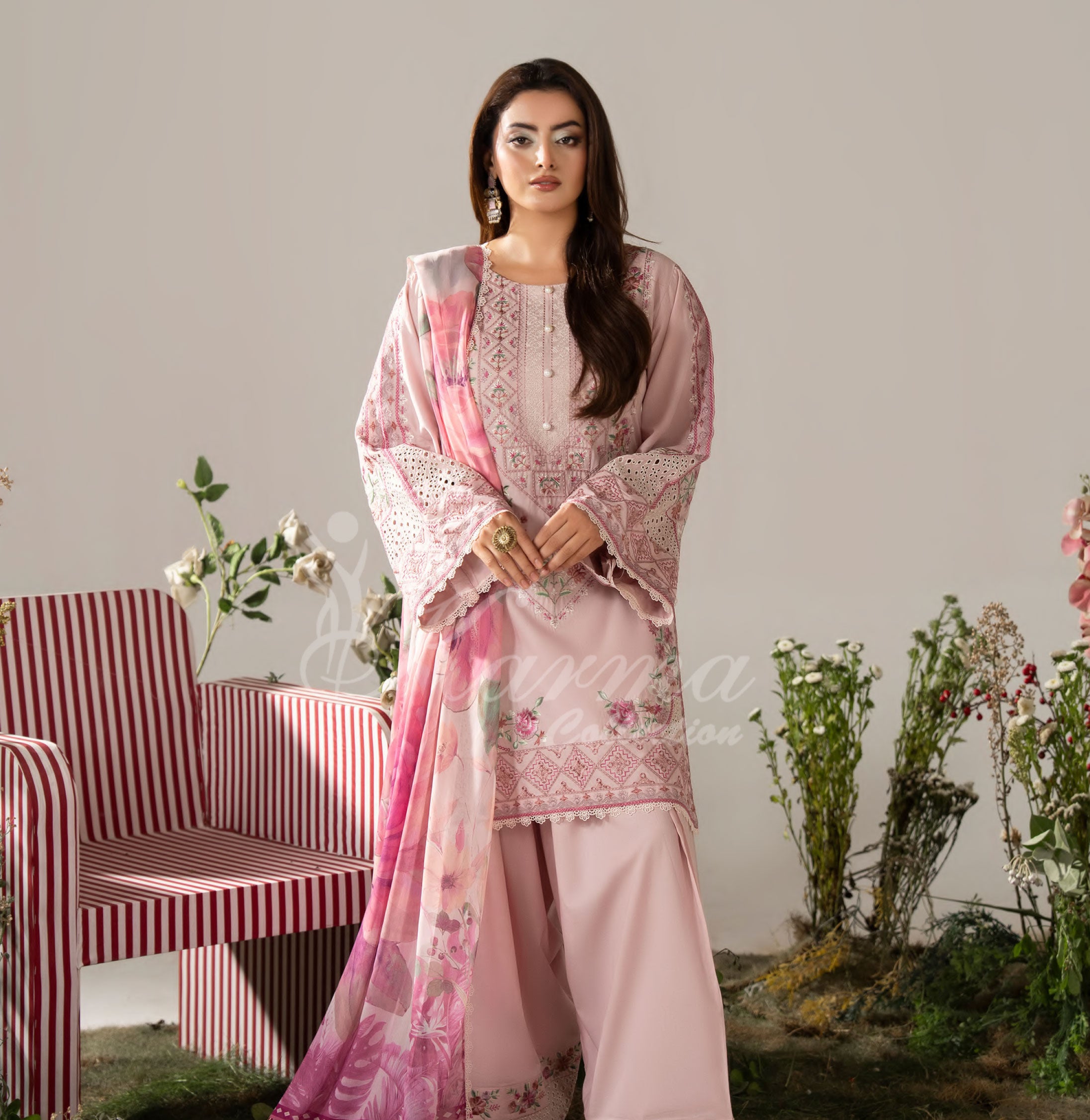 Soft Pink Karma Signature Embroidered 3 Piece suit