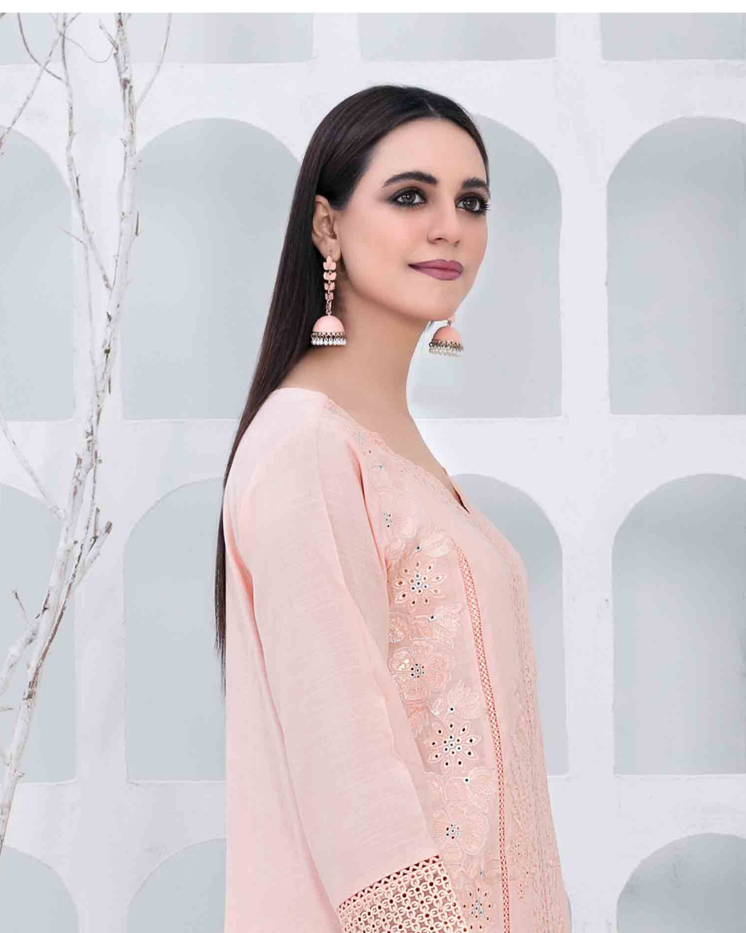 Peach Pink Embroidered Slub Linen 2-Piece Suit
