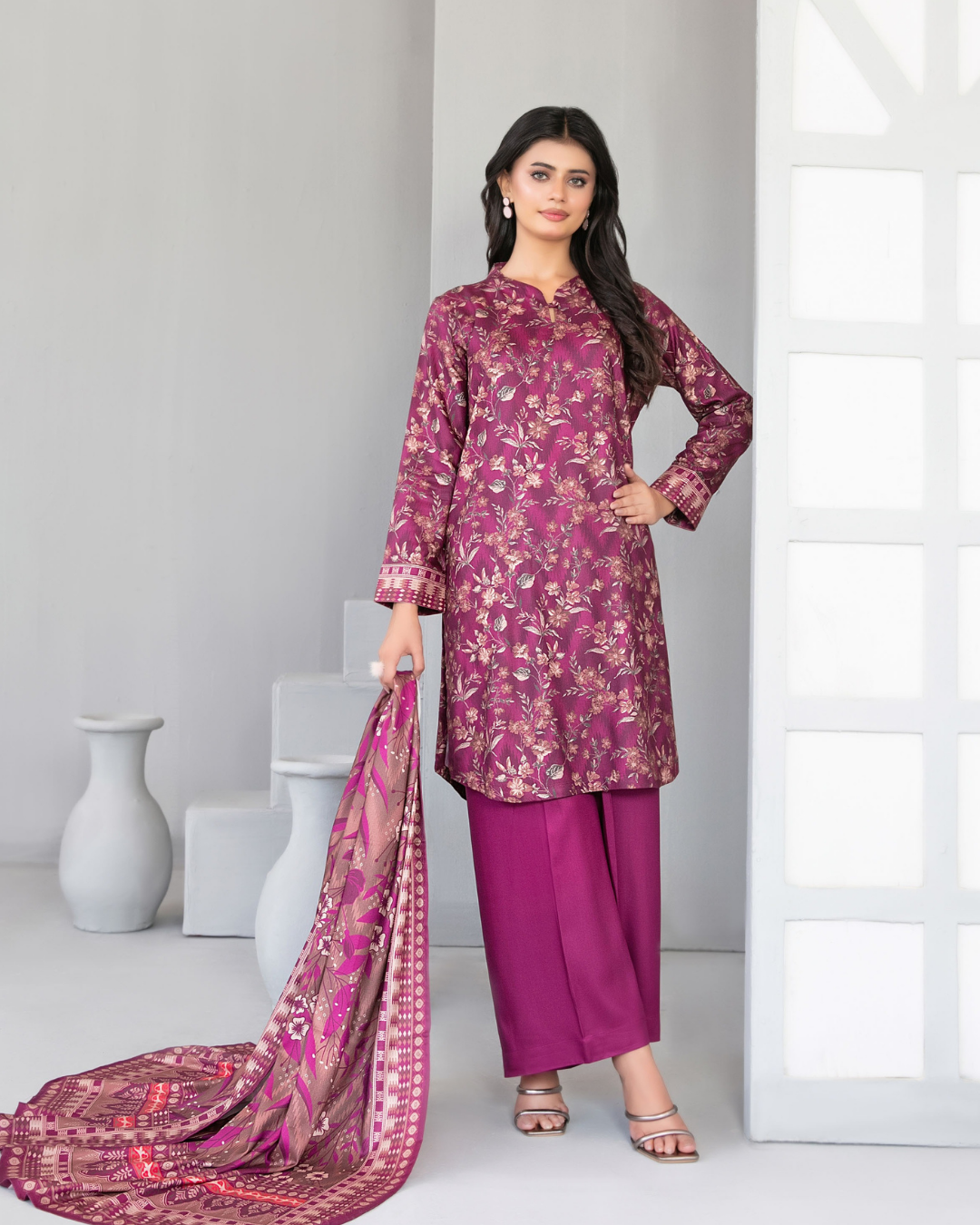 Magenta Floral Printed 3-Piece Suit with Patterned Dupatta