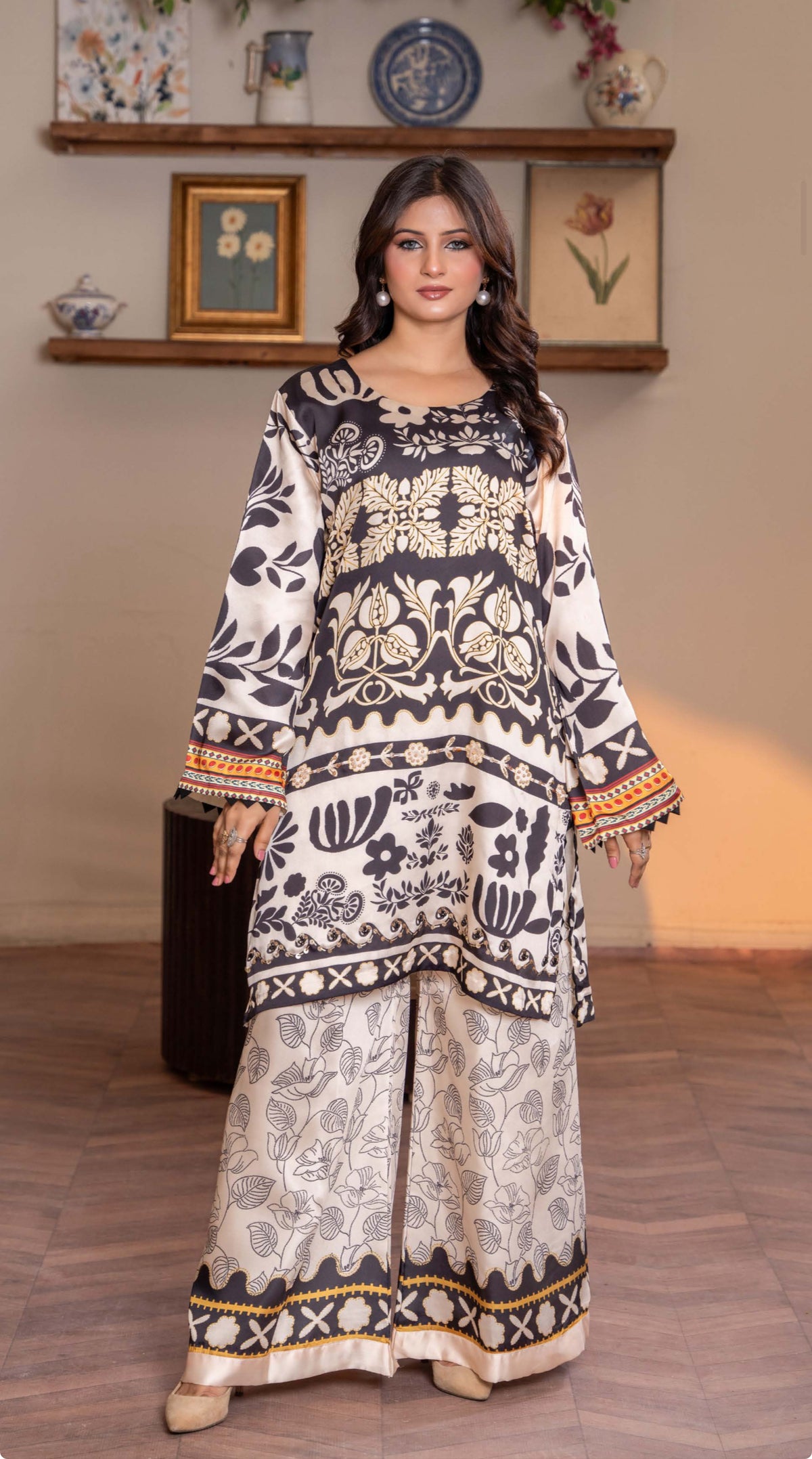 Luxury 2pc  silk Baige and black with hand embellishments