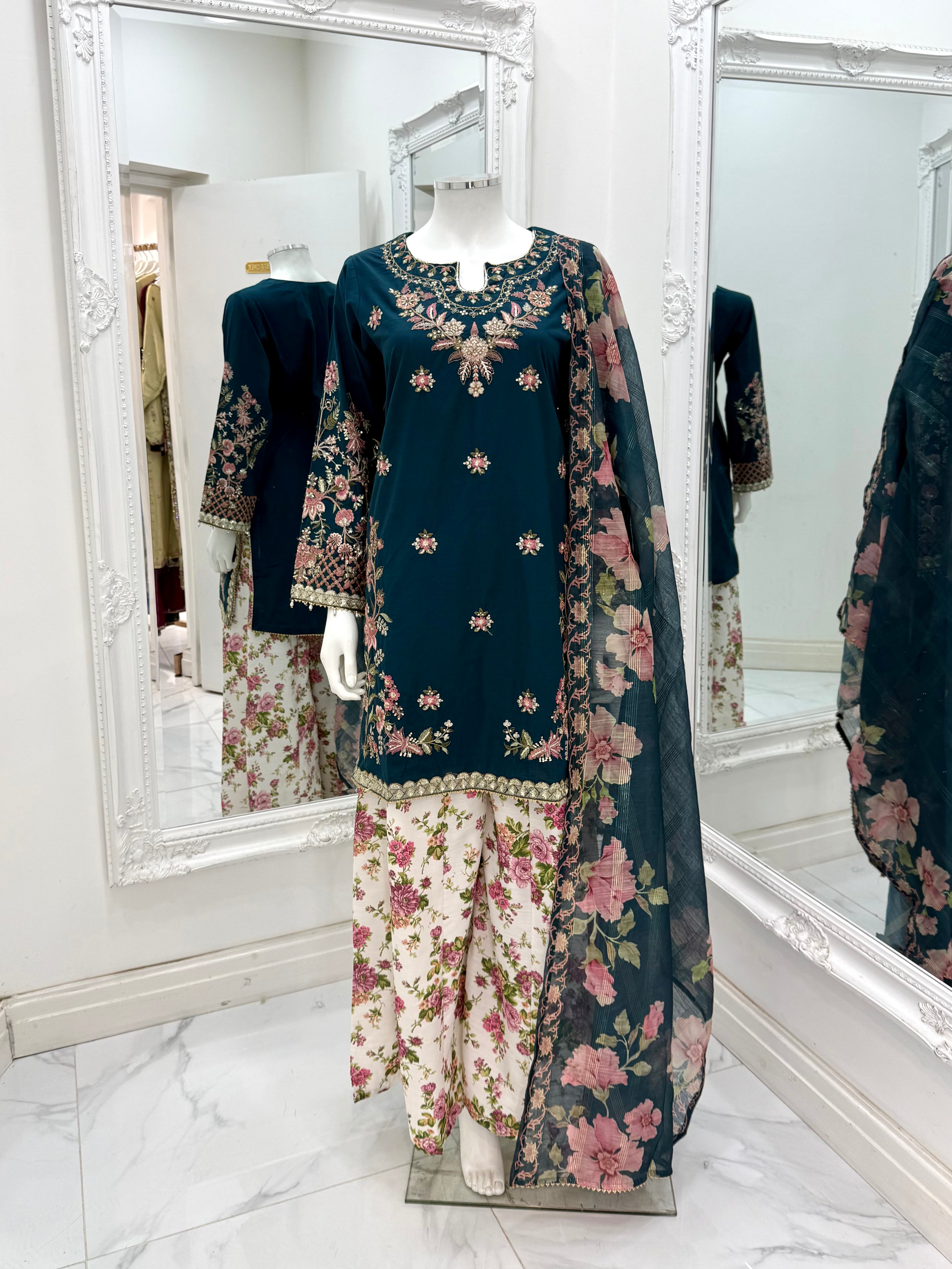 Ethnic inspired blue with white floral plazo trousers