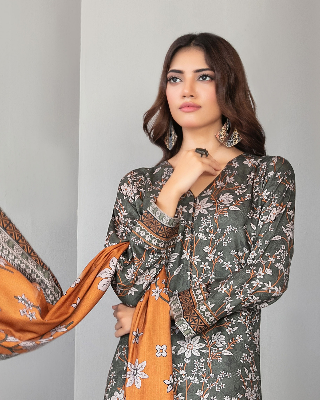 Charcoal Grey Floral Printed 3-Piece Suit with Mustard Dupatta