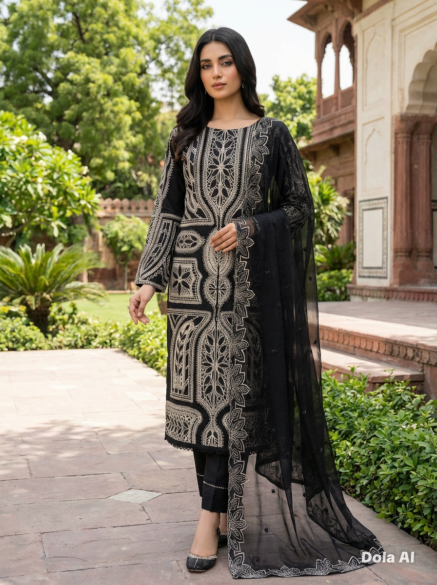 Maria b inspired 3pc outfit black and baige thread embroidery
