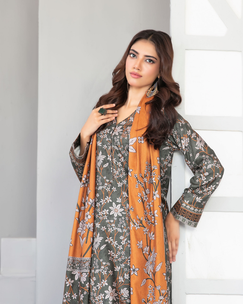 Charcoal Grey Floral Printed 3-Piece Suit with Mustard Dupatta