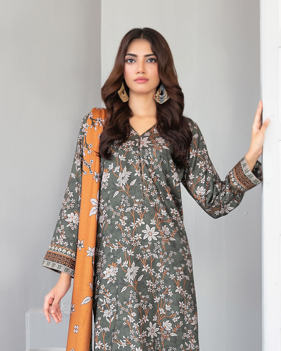 Charcoal Grey Floral Printed 3-Piece Suit with Mustard Dupatta