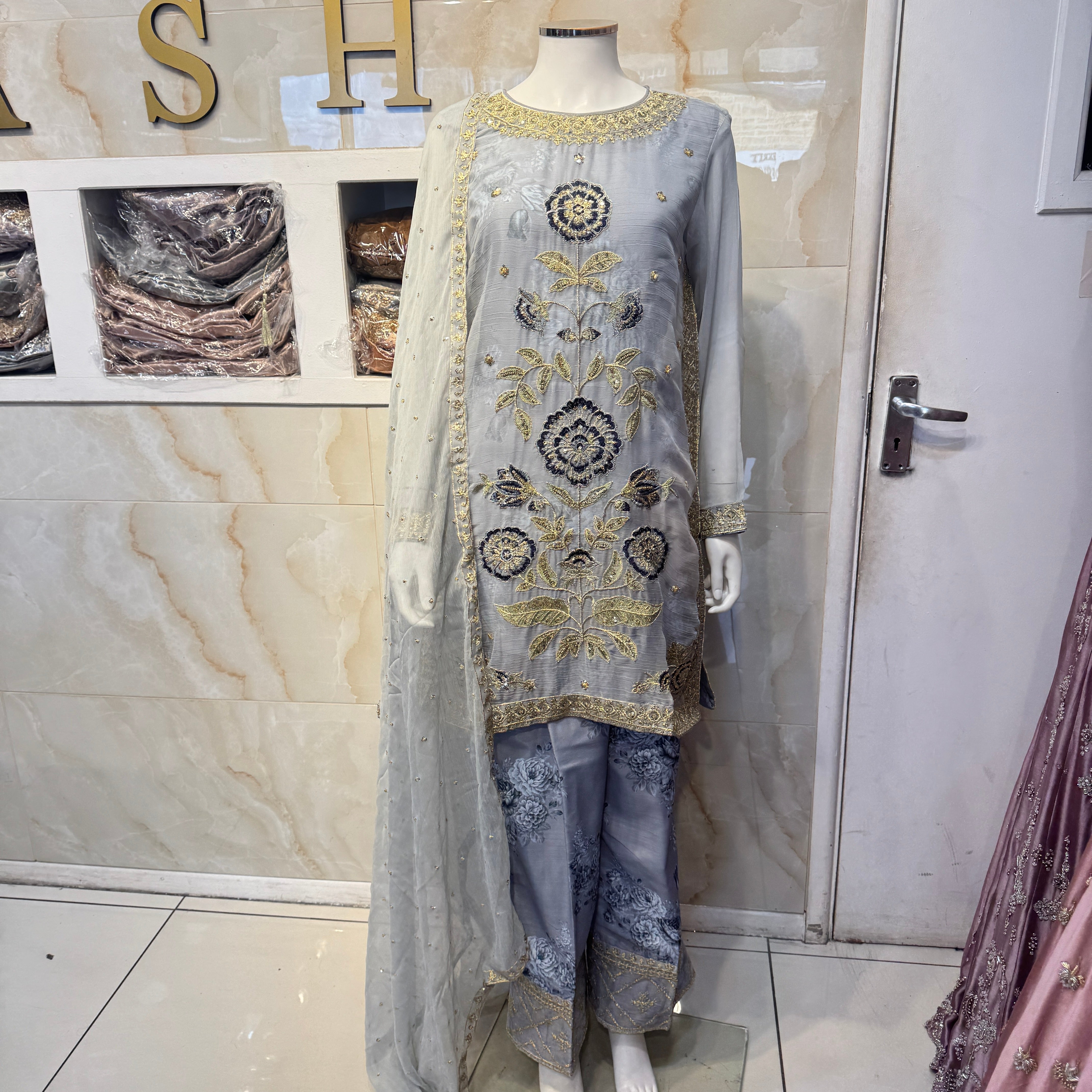 Ar baby blue ethnic  chiffon with patchwork  Womenswear