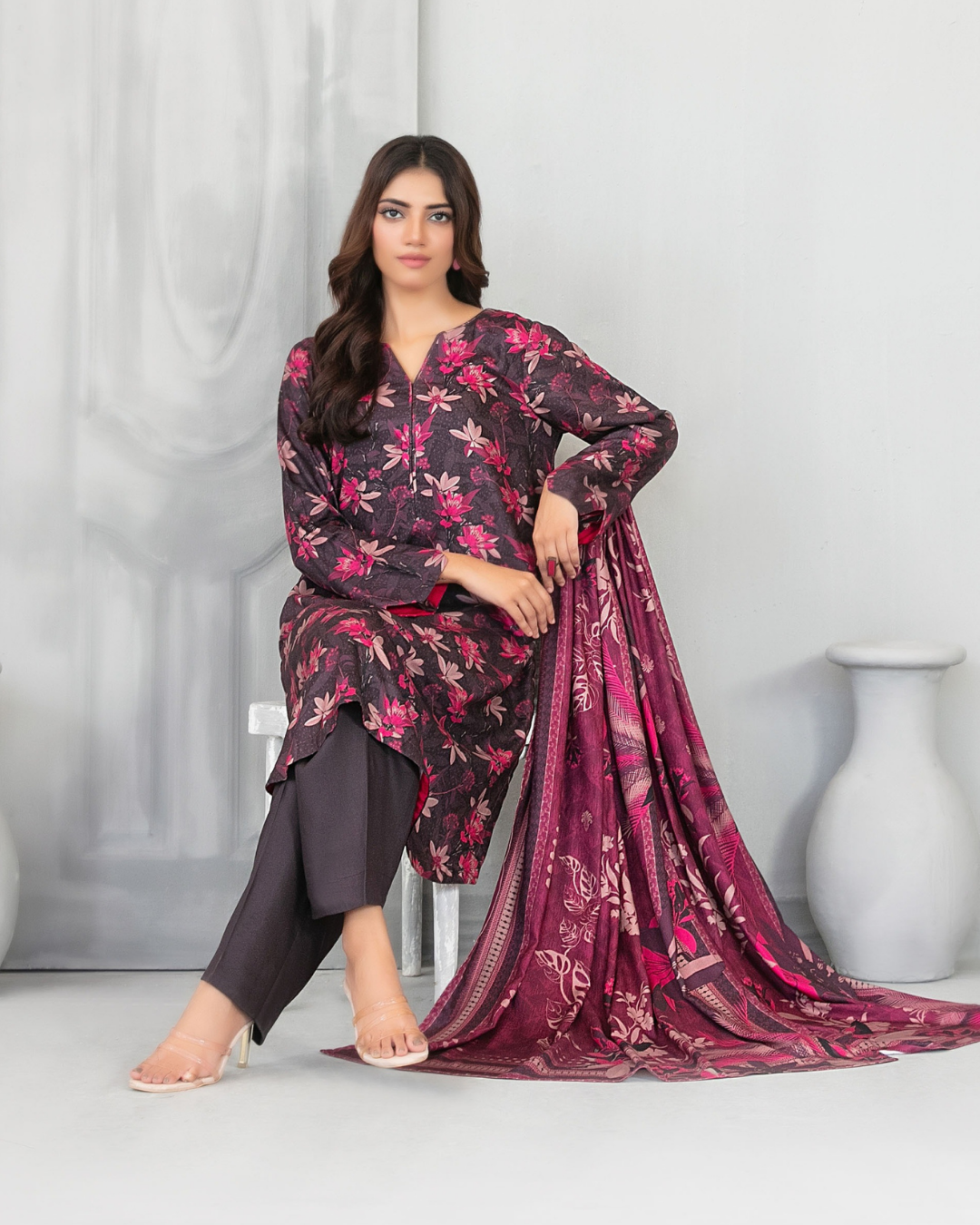 Charcoal Black Floral Printed 3-Piece Suit with Magenta Dupatta