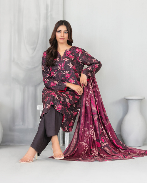 Charcoal Black Floral Printed 3-Piece Suit with Magenta Dupatta