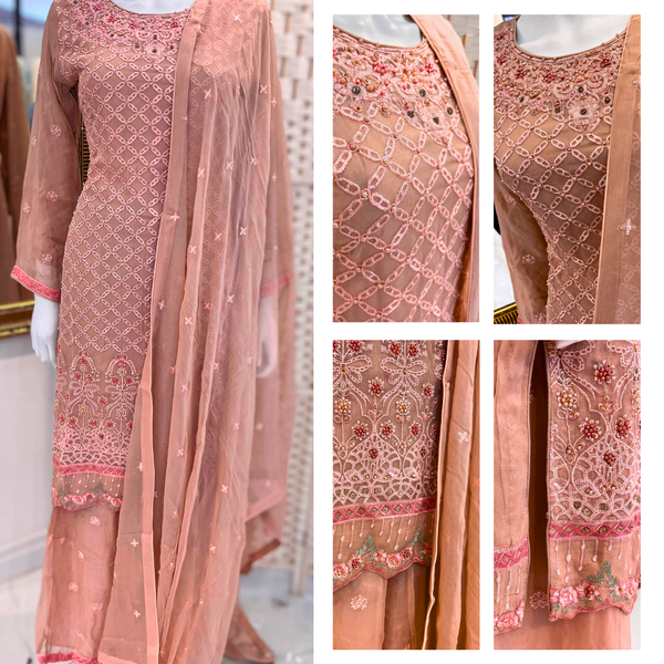 Pearl Work Sharara Suit - Peach