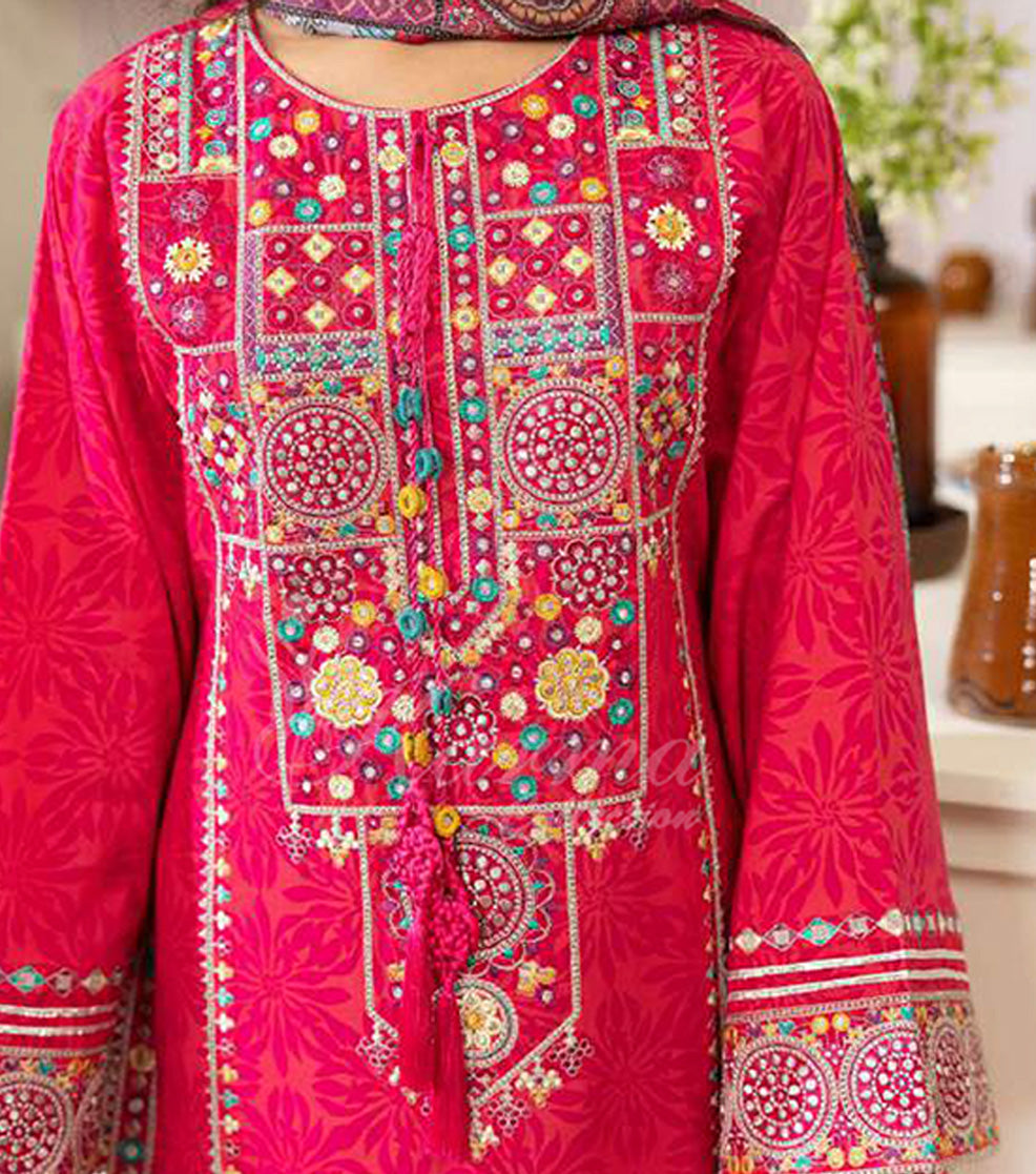 Fuchsia Embroidered Lawn Suit with Printed Dupatta & Farshi Shalwar