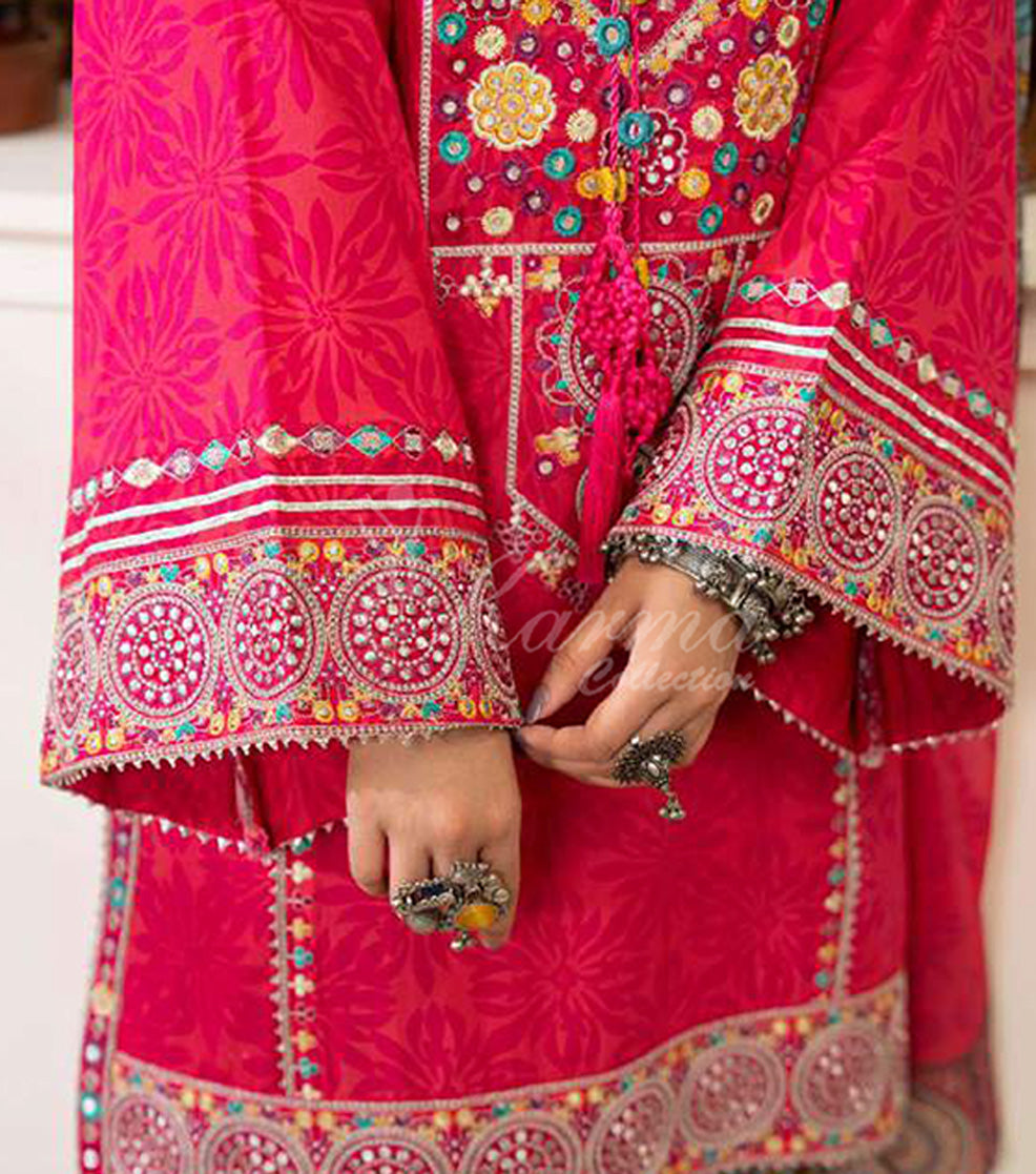 Fuchsia Embroidered Lawn Suit with Printed Dupatta & Farshi Shalwar