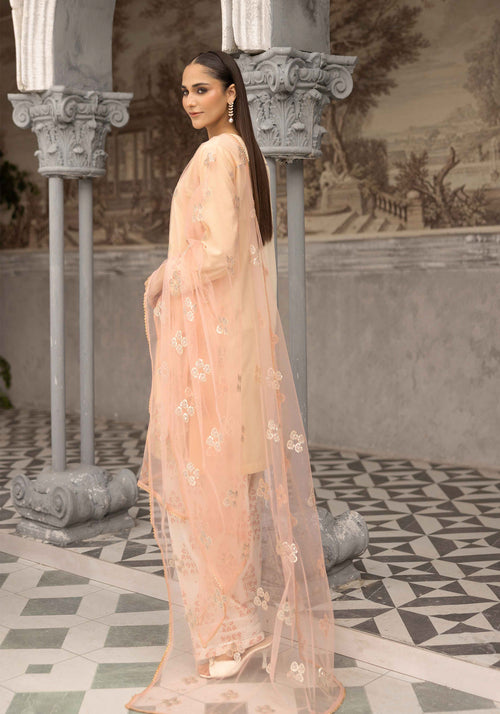 Cream Ivory Embroidered 3-Piece Lawn Suit with Organza Dupatta & Printed Palazzo
