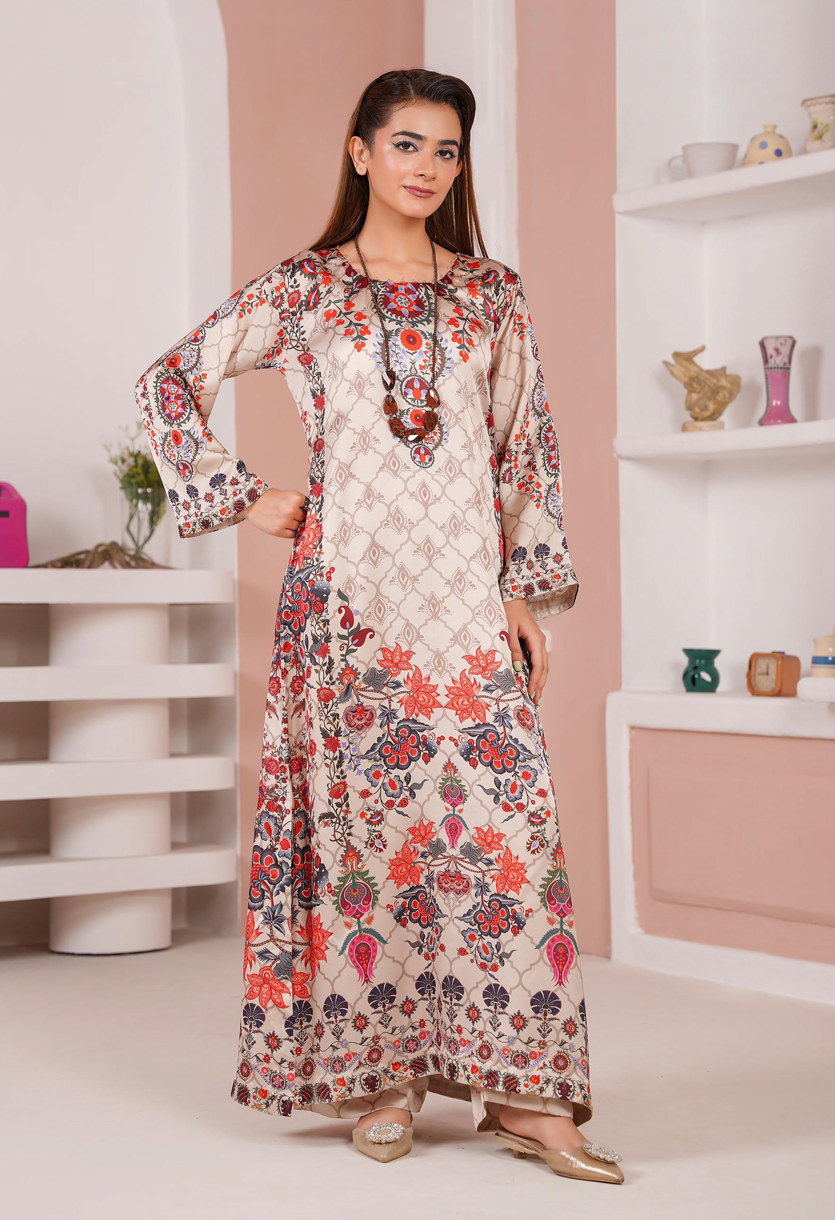 Ivory Floral Printed Silk Long Shirt & Trouser