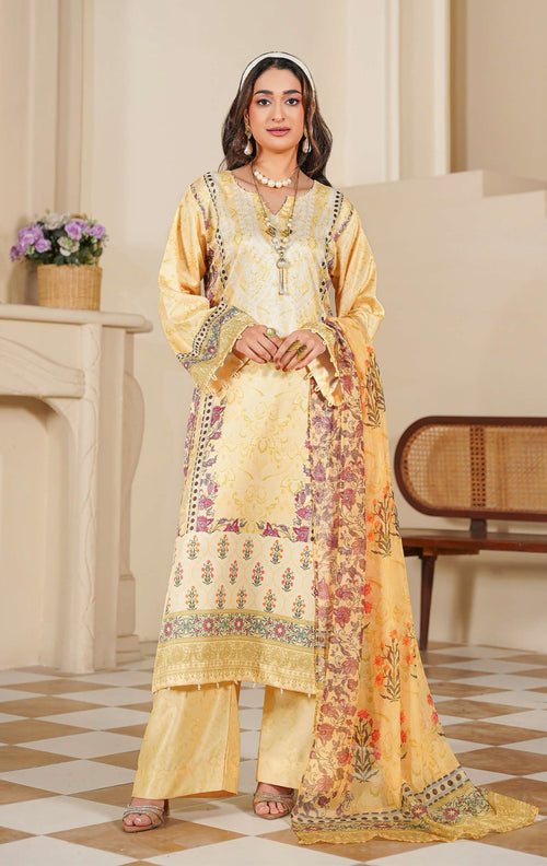 Mustard Yellow Floral Printed 3-Piece Suit with Traditional Borders