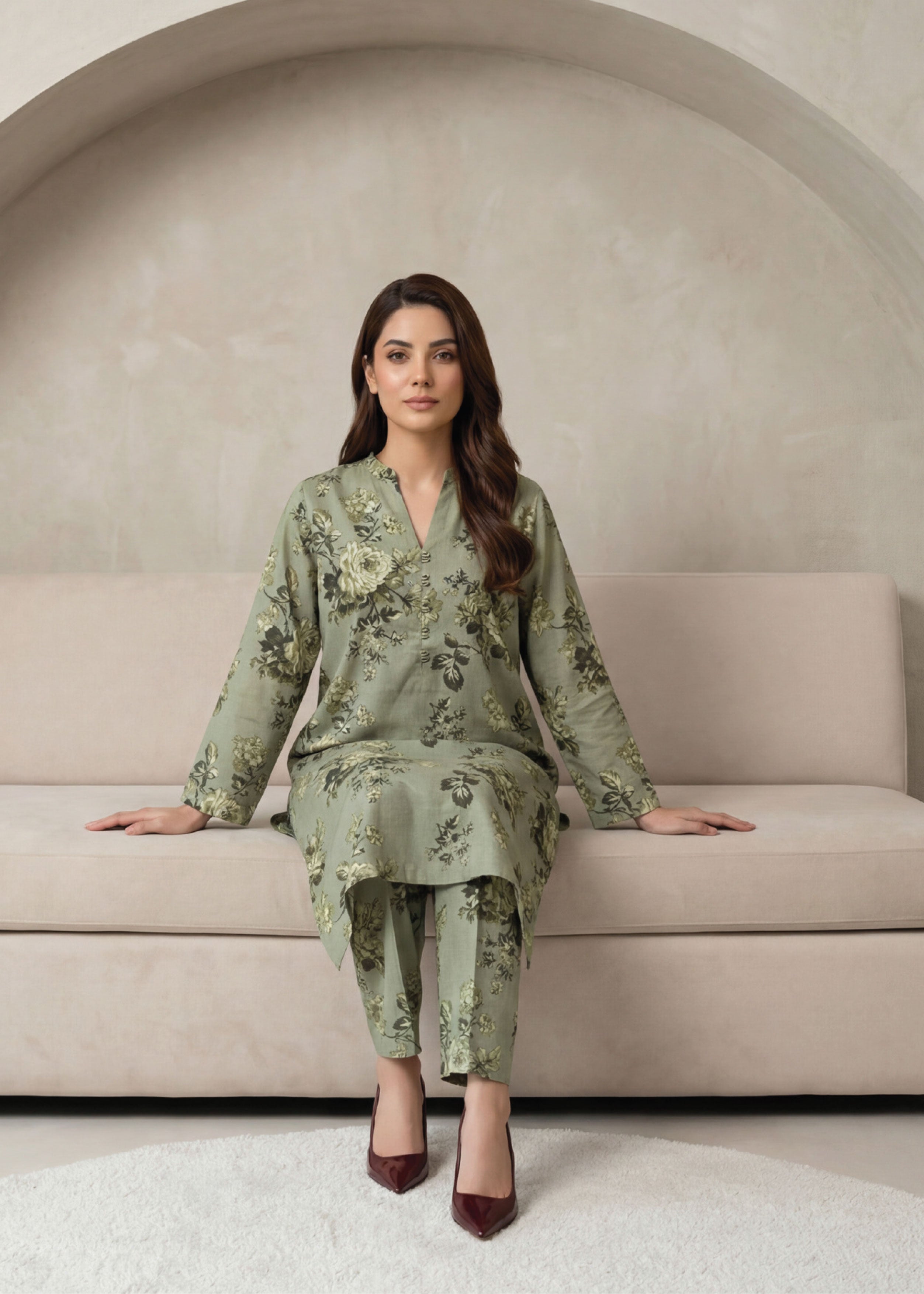 Olive Mist Linen Stitched Staple Digital print suit