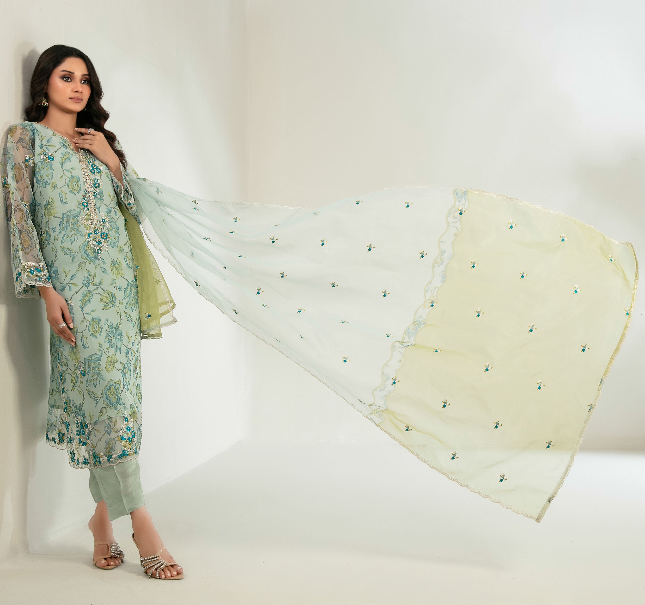 Green Haze Stitched Fancy Embrioderd organza suit