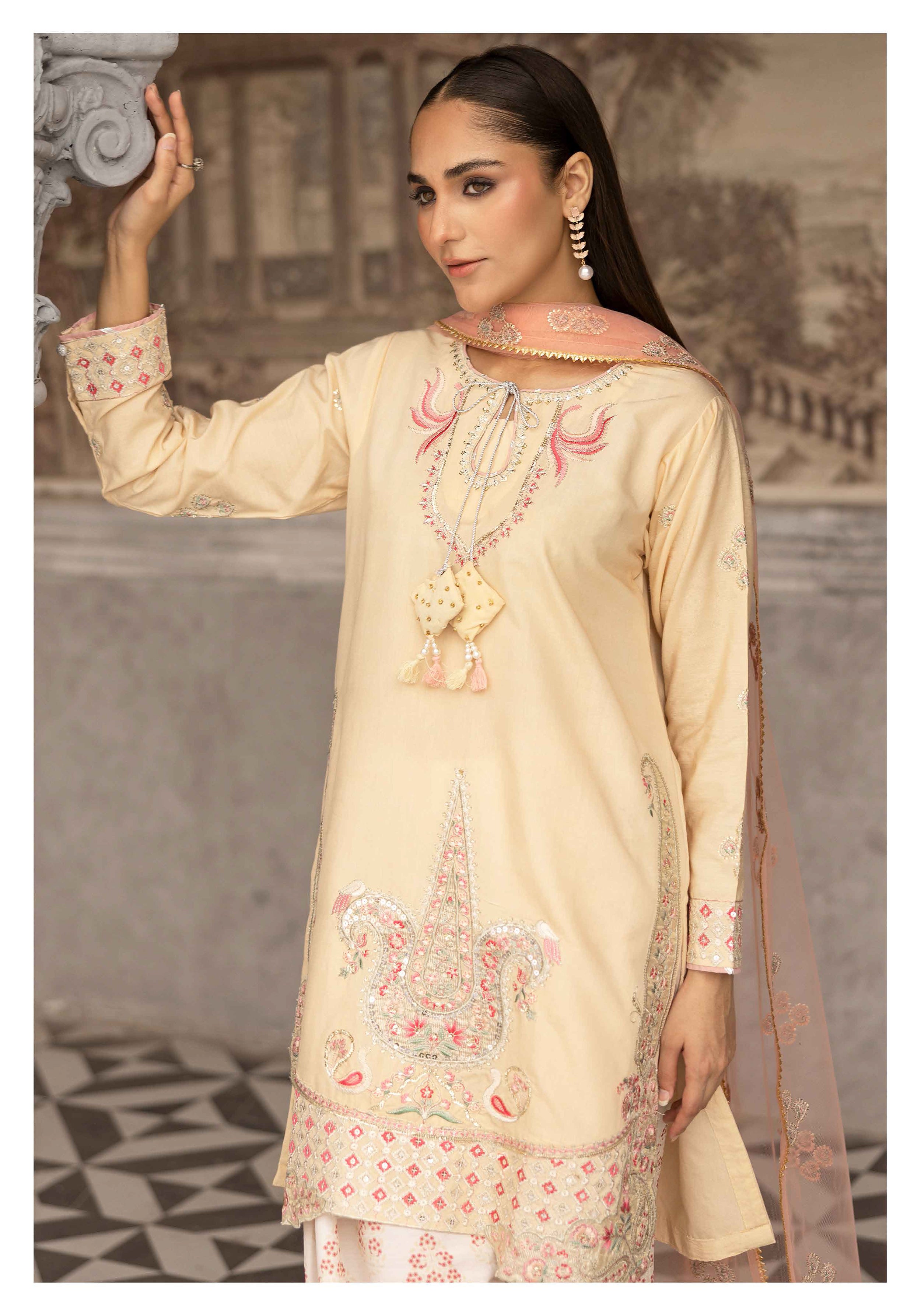 Cream Ivory Embroidered 3-Piece Lawn Suit with Organza Dupatta & Printed Palazzo