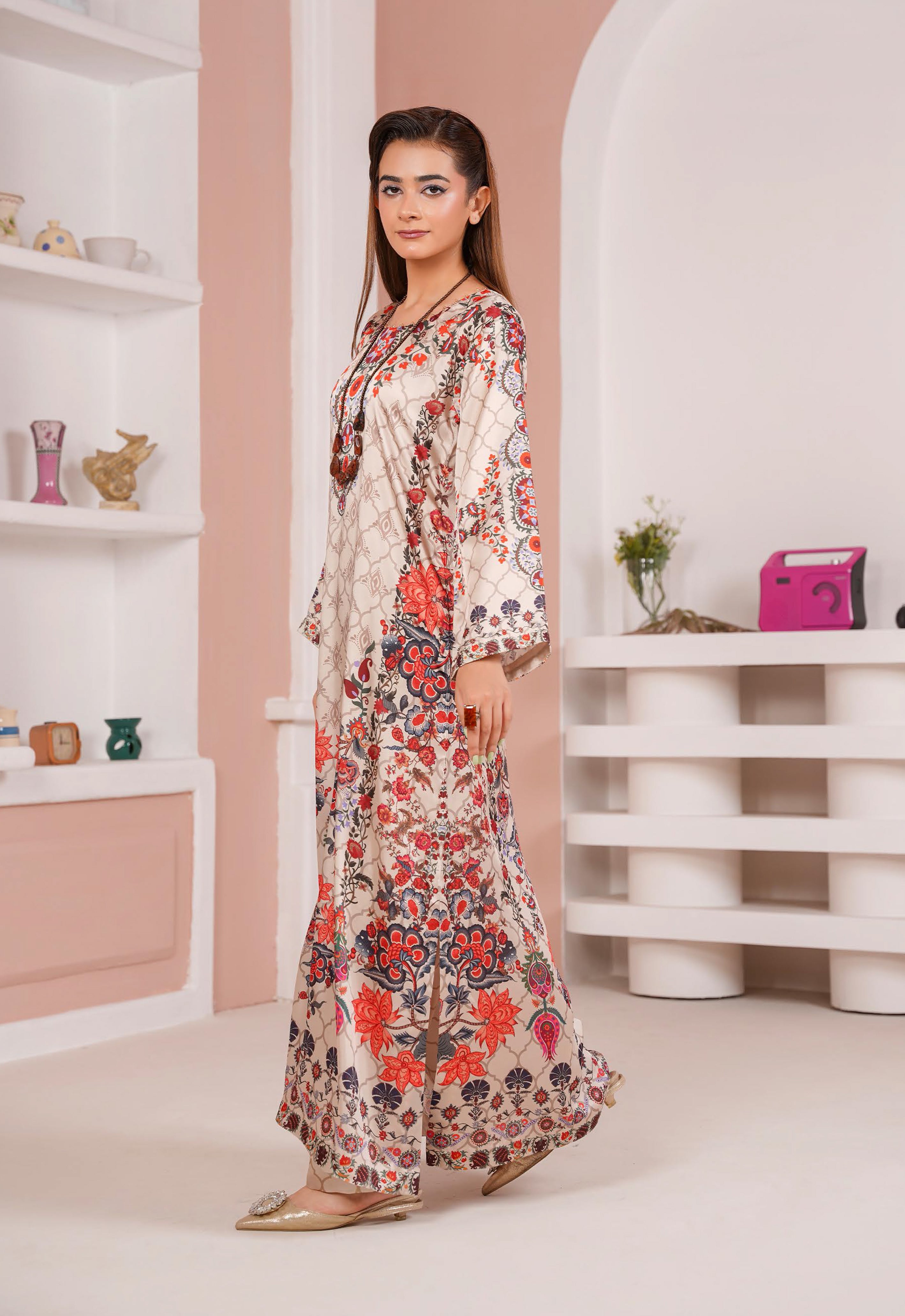Ivory Floral Printed Silk Long Shirt & Trouser