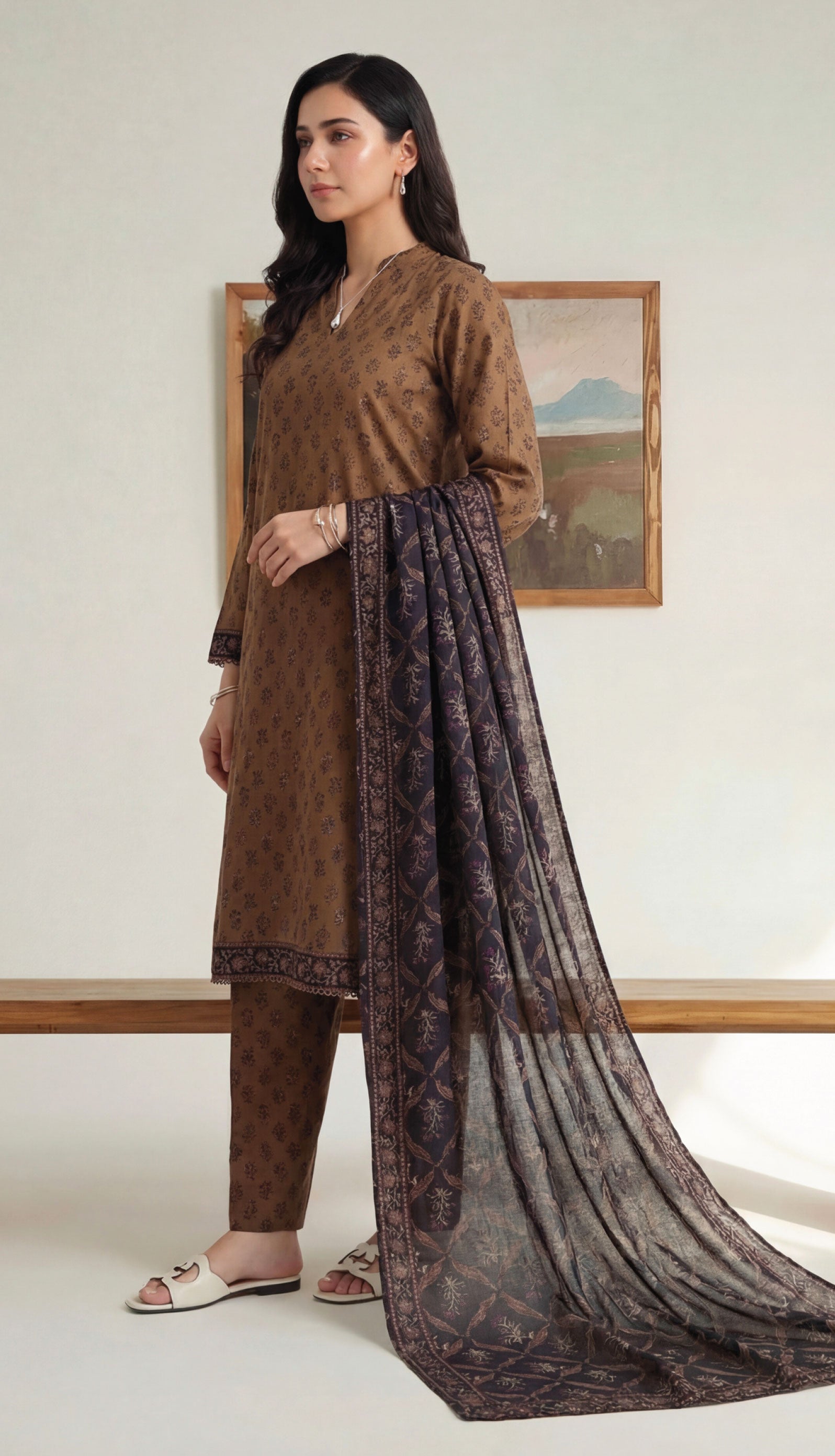 Caramel Brown Lawn Rotary Print 3PC Ready-to-Wear