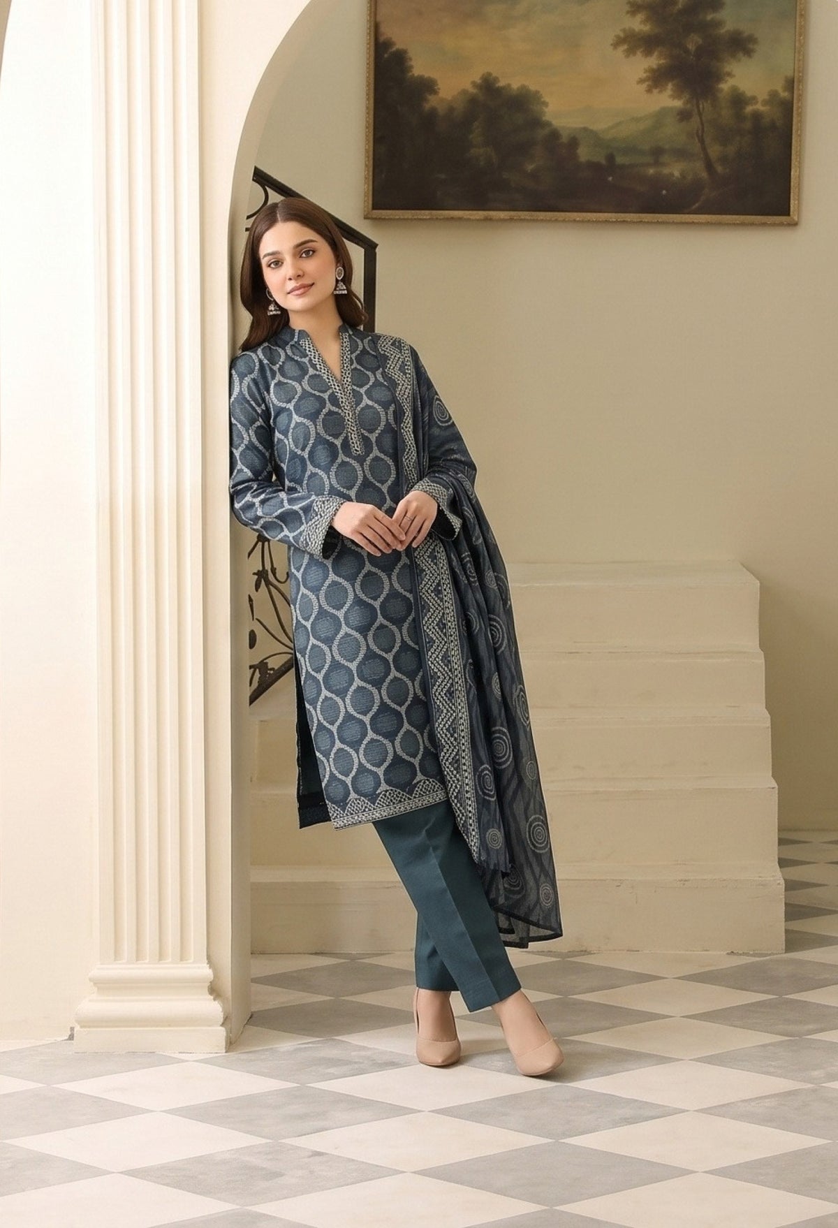 Midnight Blue Printed Khaddar 3-Piece Suit
