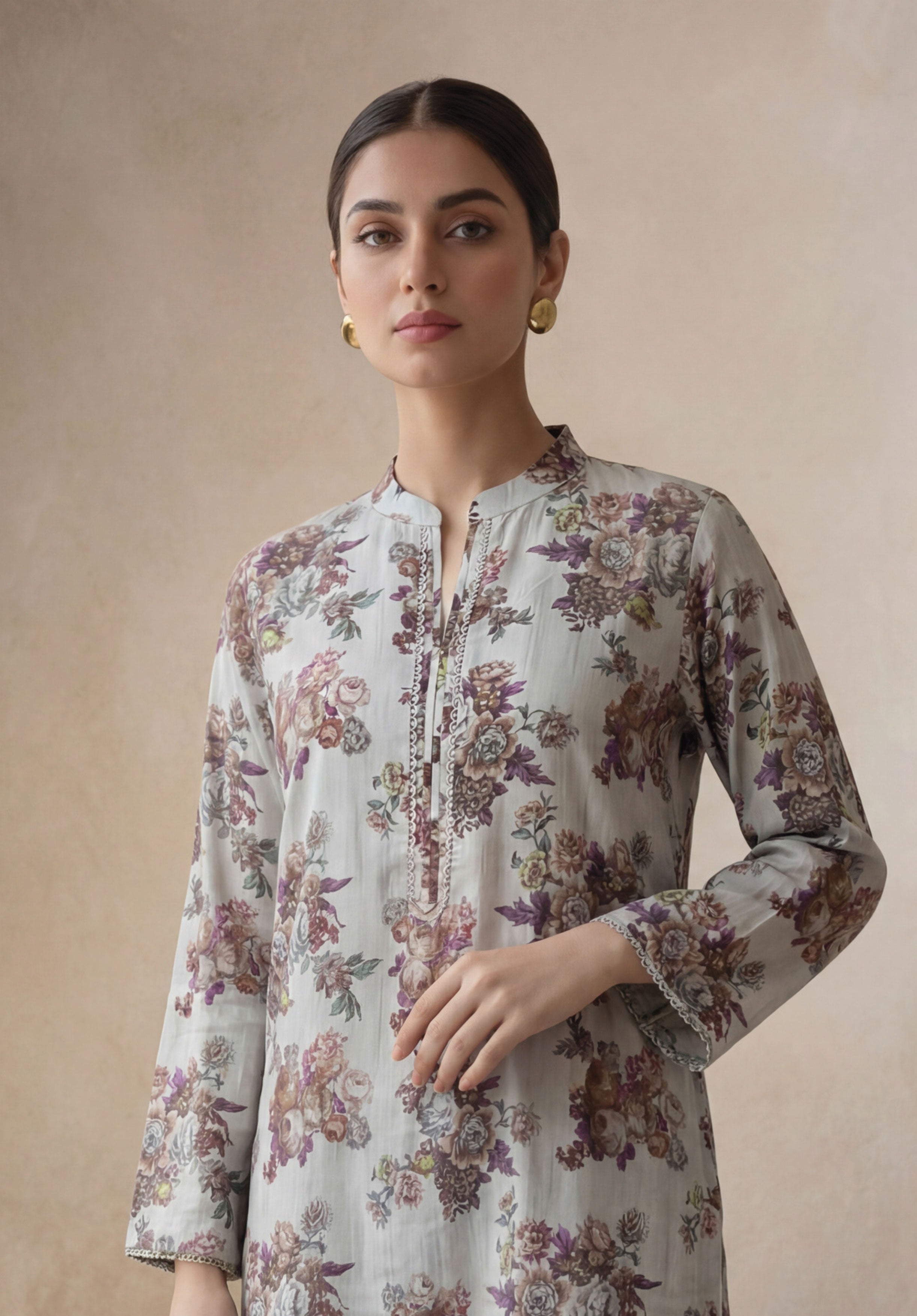 Ivory Gray Linen Stitched Staple Digital print suit