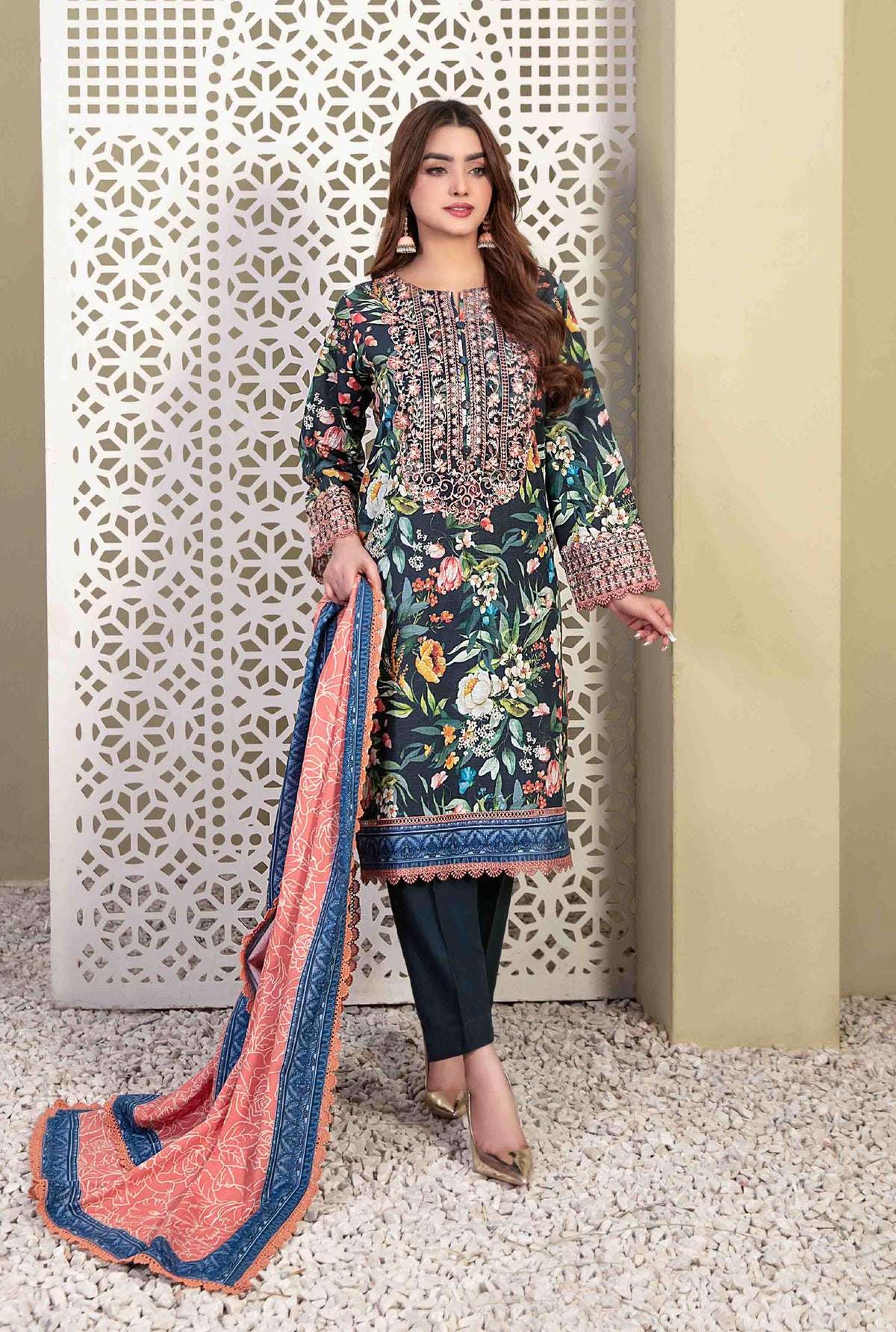 Navy Blue Floral Printed Khaddar 3-Piece Suit with Embroidered Front and Coral Dupatta