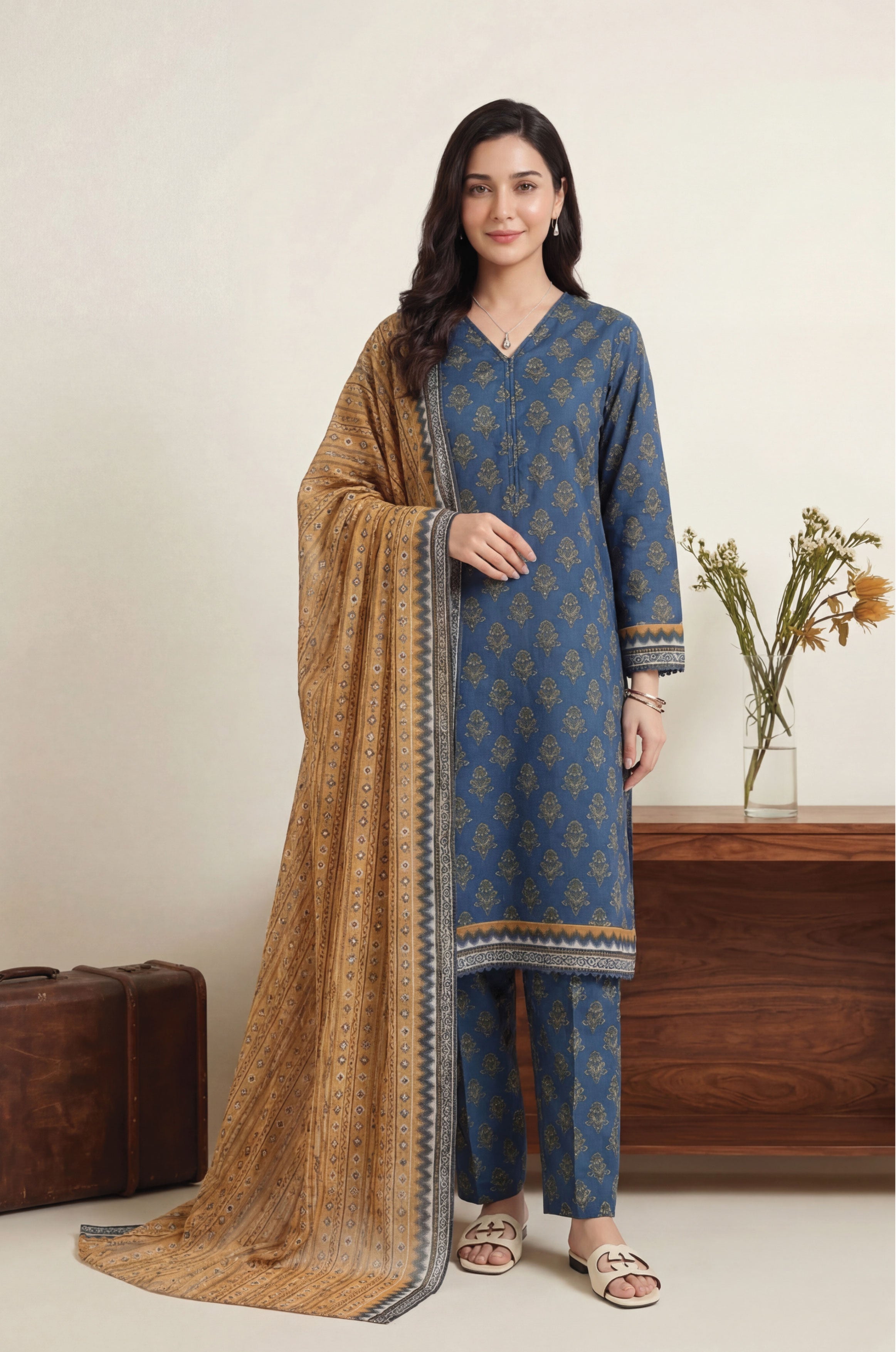 Deep Ocean Blue Elite Lawn Rotary Print 3PC Ready-to-Wear