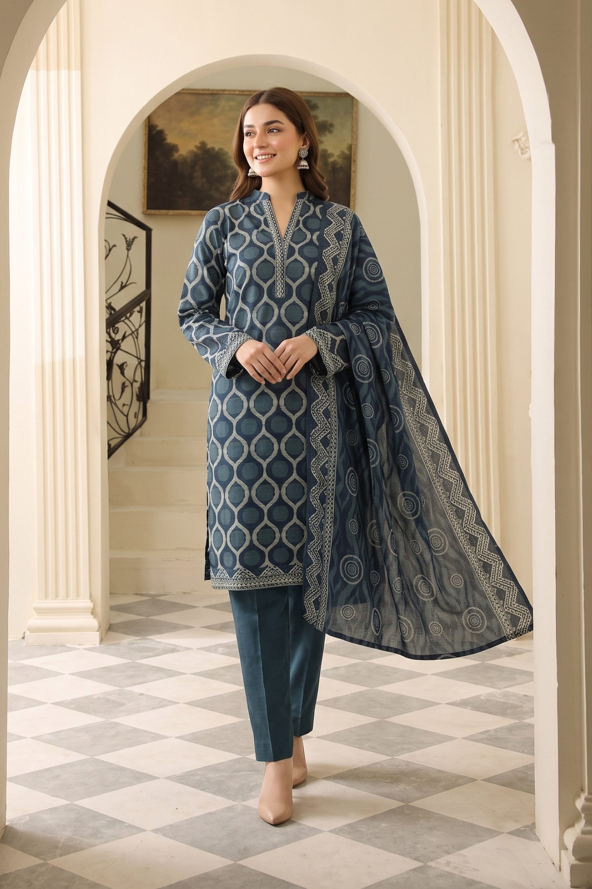 Midnight Blue Printed Khaddar 3-Piece Suit
