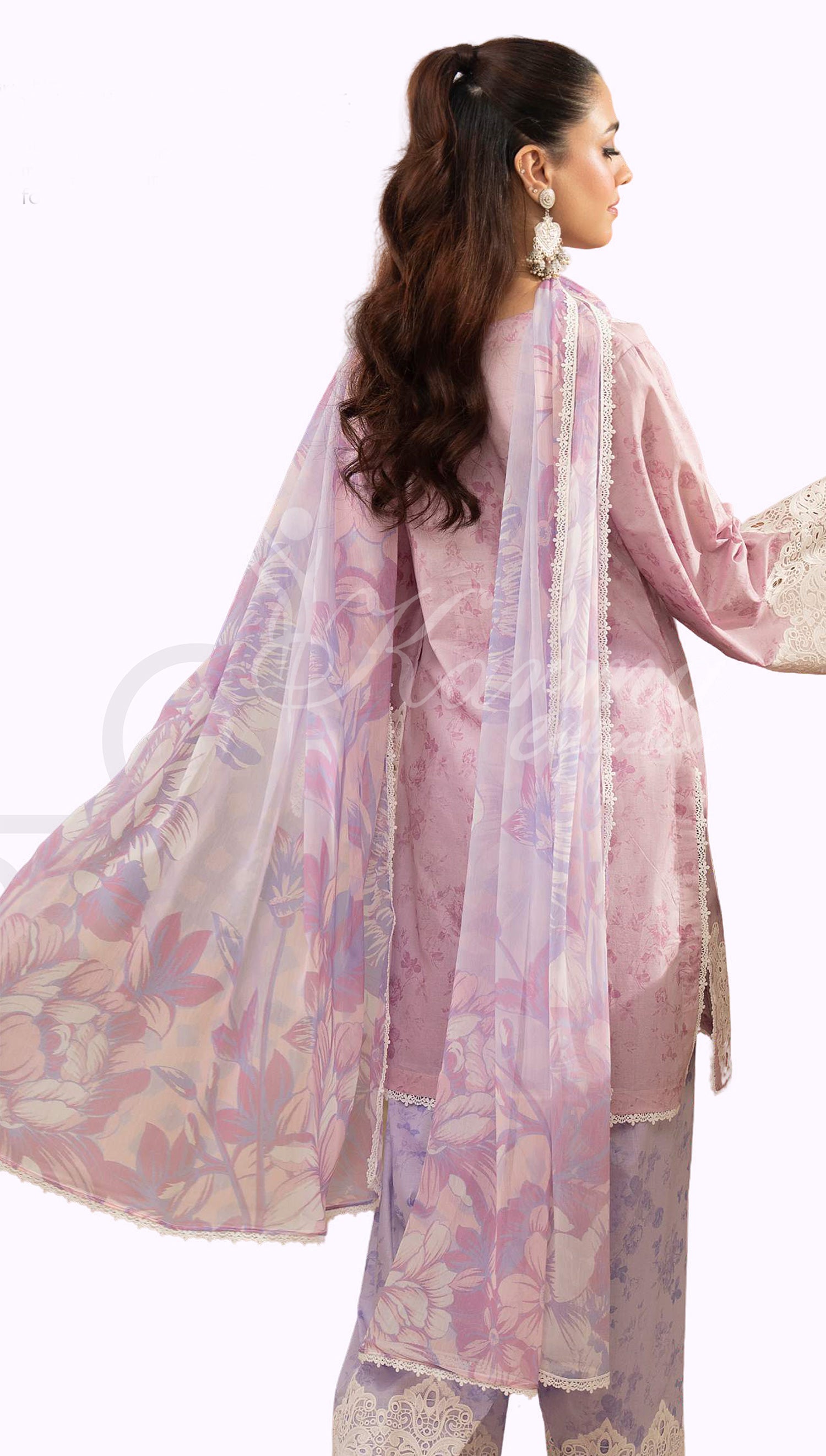 Dusty Lilac Embroidered Lawn Suit with Printed Trouser & Chiffon Dupatta