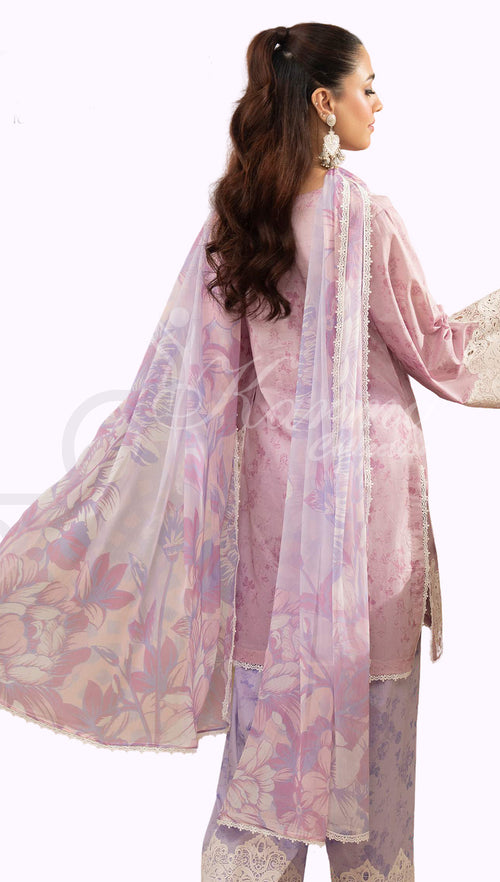 Dusty Lilac Embroidered Lawn Suit with Printed Trouser & Chiffon Dupatta