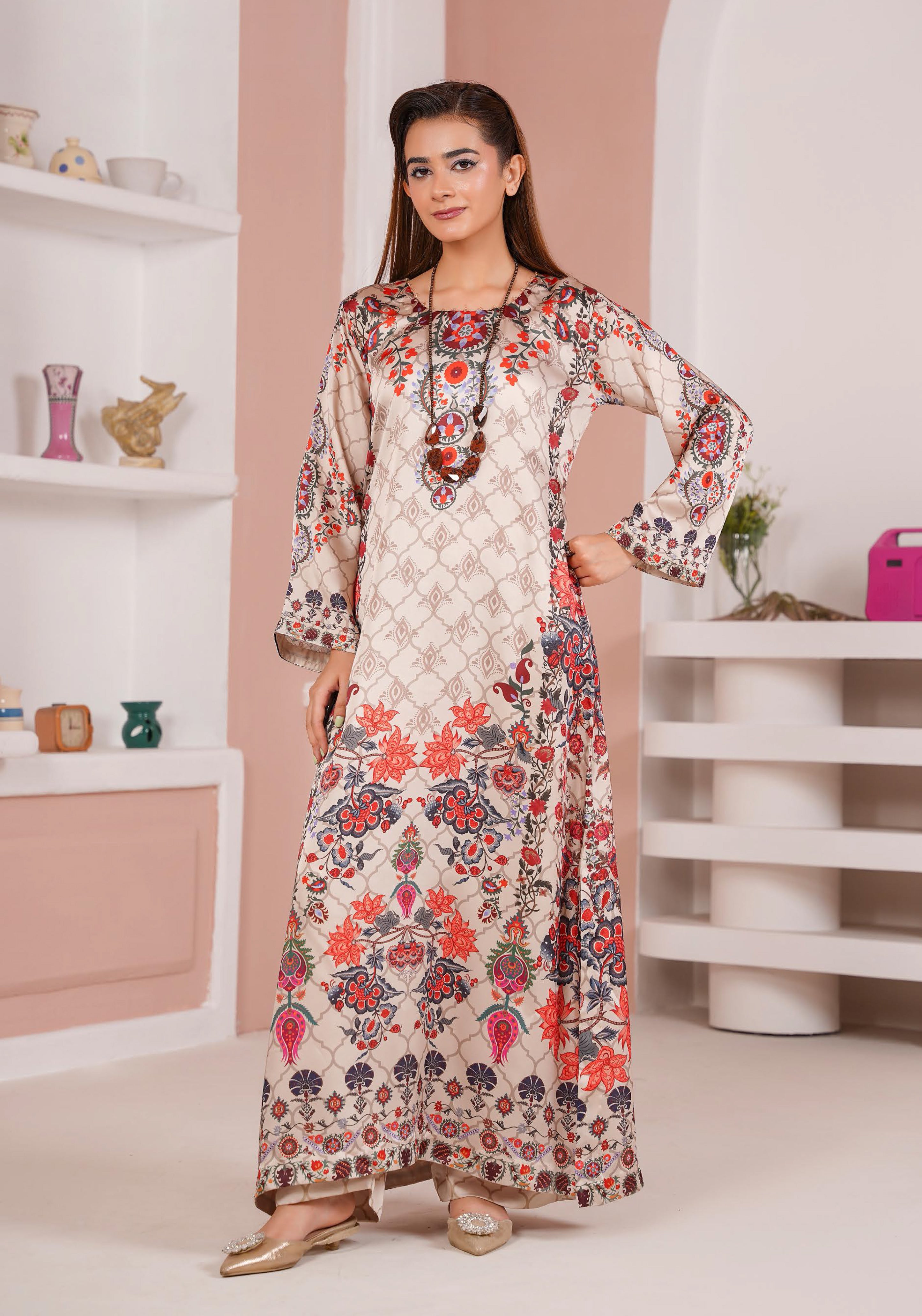 Ivory Floral Printed Silk Long Shirt & Trouser