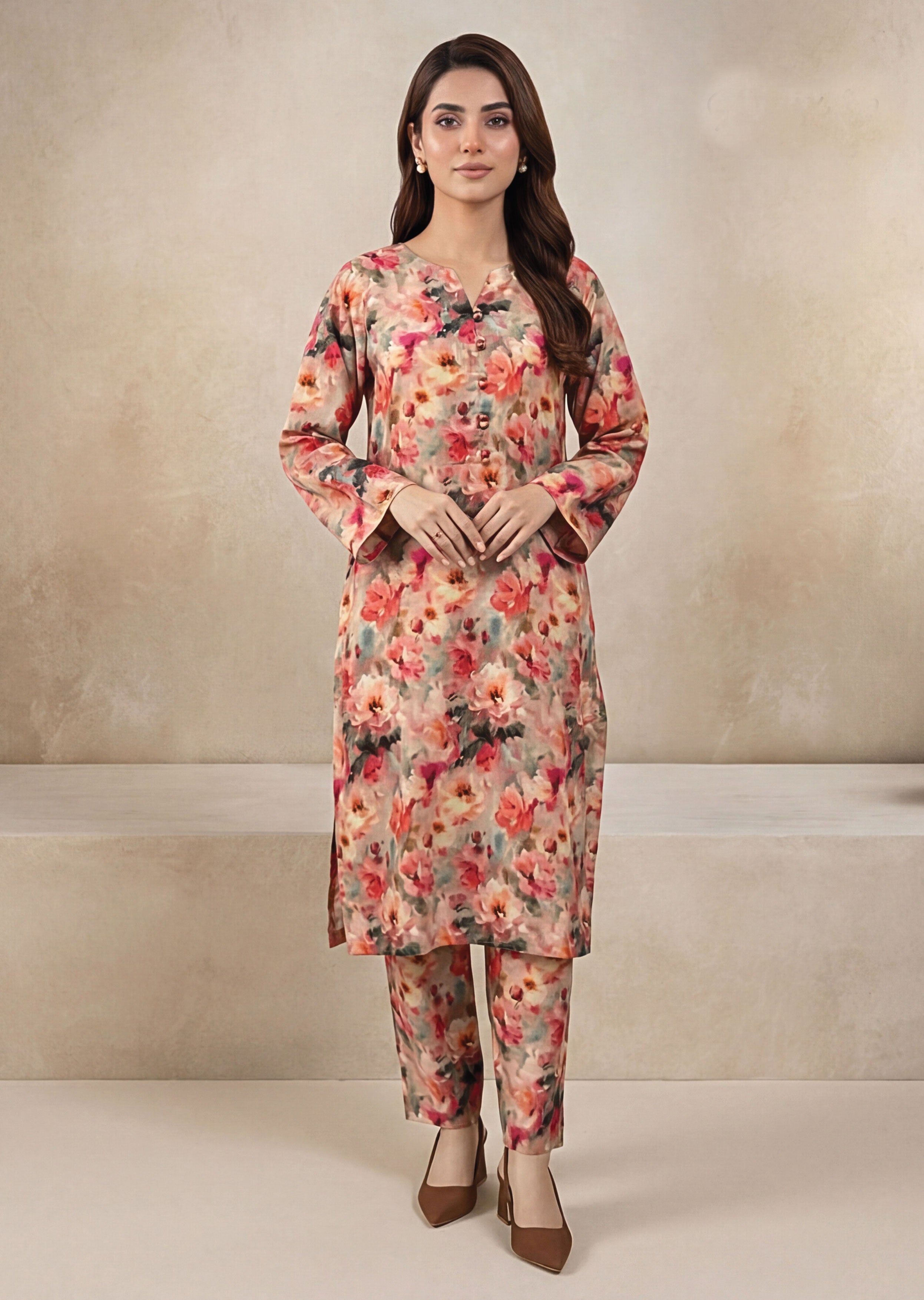 Peach Beige Linen Stitched Staple Digital print suit