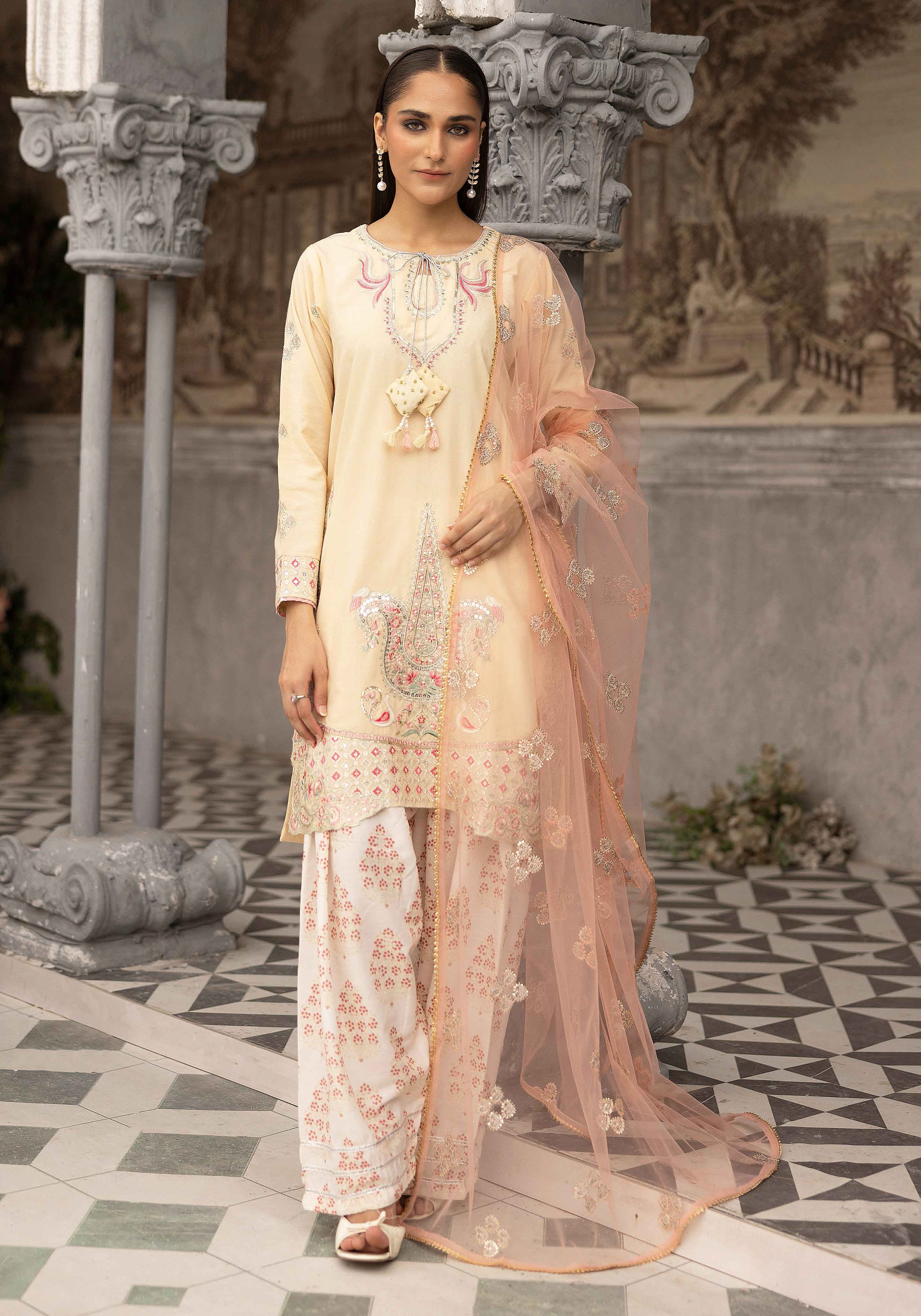 Cream Ivory Embroidered 3-Piece Lawn Suit with Organza Dupatta & Printed Palazzo