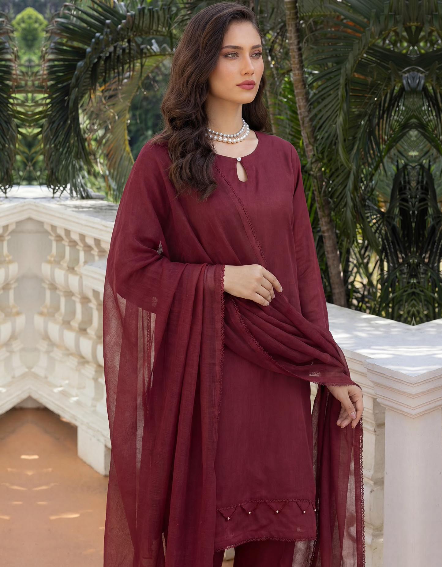 Burgundy Premium Jacquard Lawn 3-Piece Stitched Suit