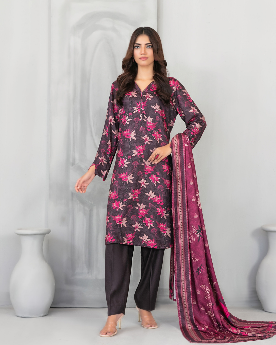 Charcoal Black Floral Printed 3-Piece Suit with Magenta Dupatta