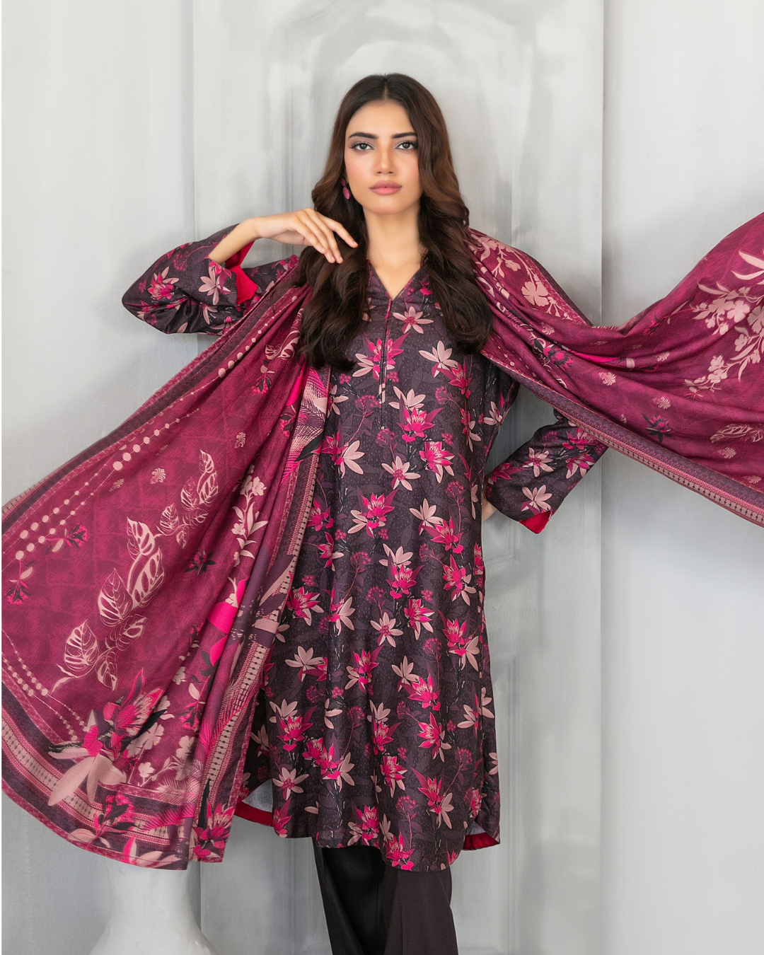 Charcoal Black Floral Printed 3-Piece Suit with Magenta Dupatta