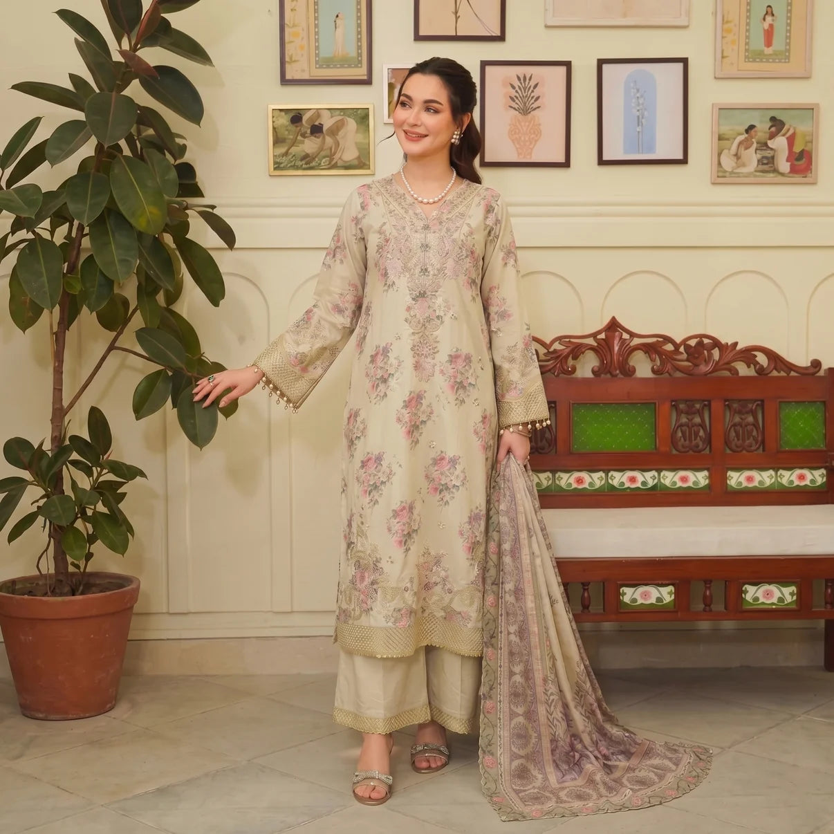 Ivory Bloom Embroidered Silk Viscose Suit with Floral Dupatta & Flare Trouser
