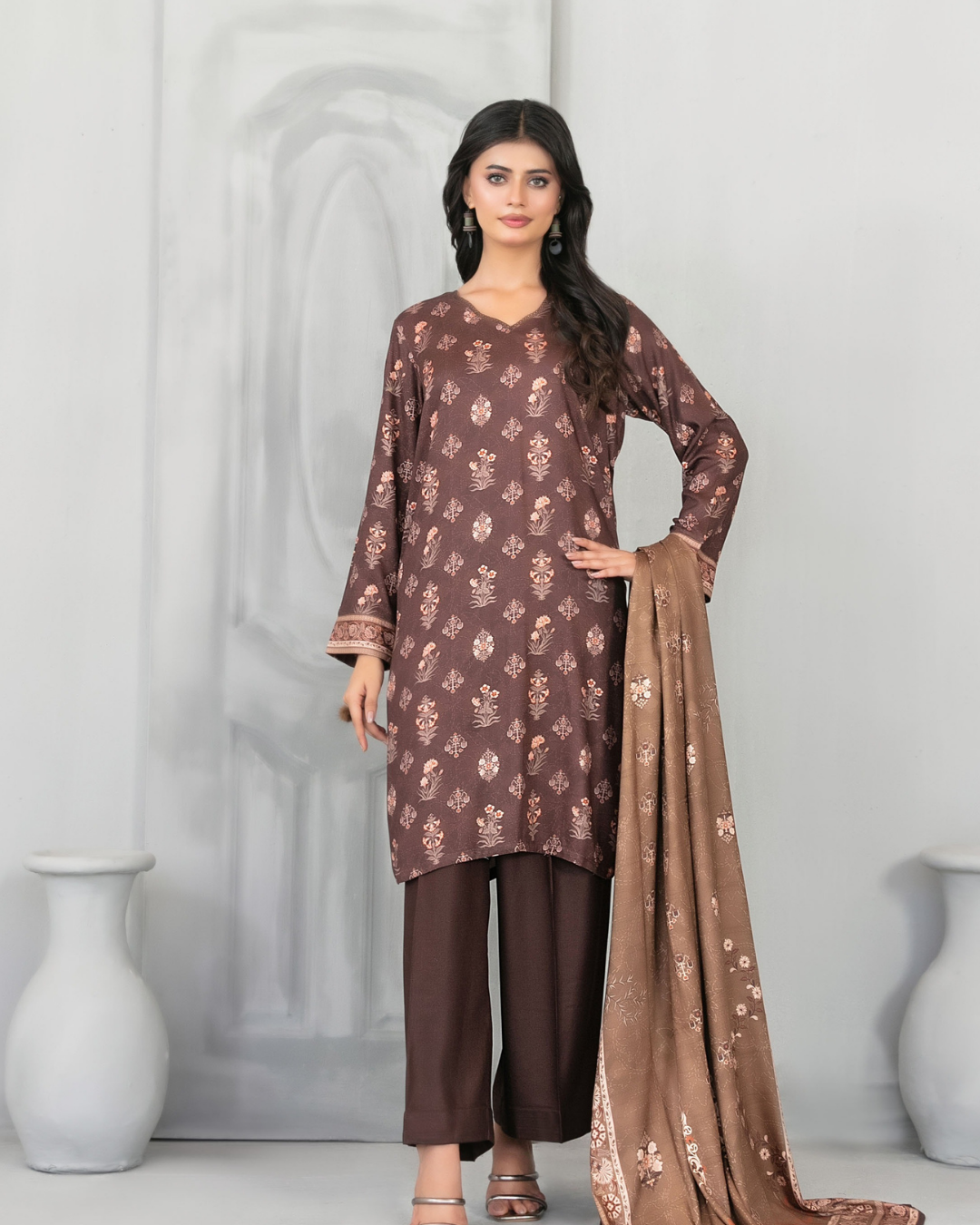 Chocolate Brown Floral Printed 3-Piece Suit with Taupe Dupatta