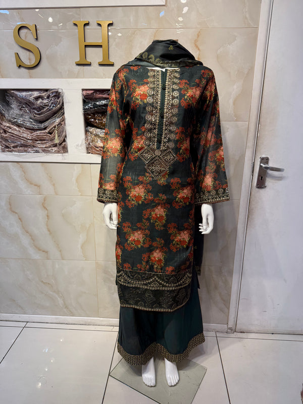 Ar Bottle Green Floral Long Length Ladies Suit with Intricate Design and Colorful Patterns