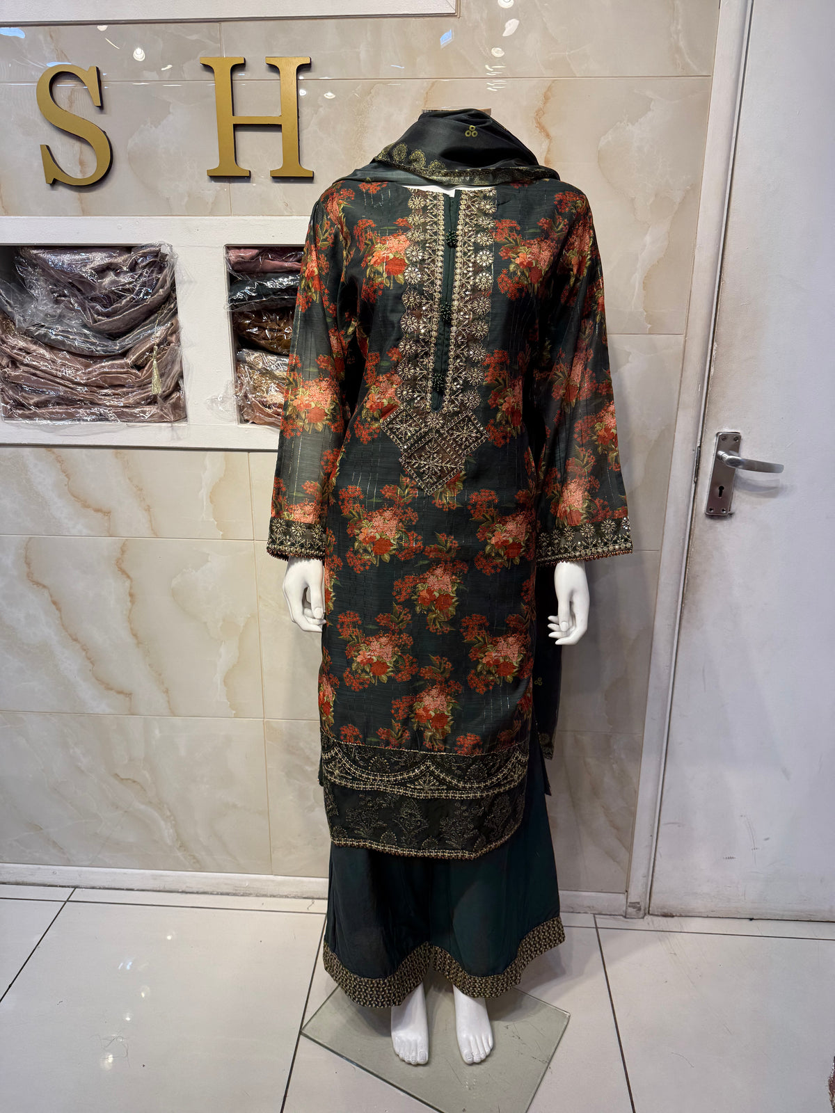 Ar Bottle Green Floral Long Length Ladies Suit with Intricate Design and Colorful Patterns