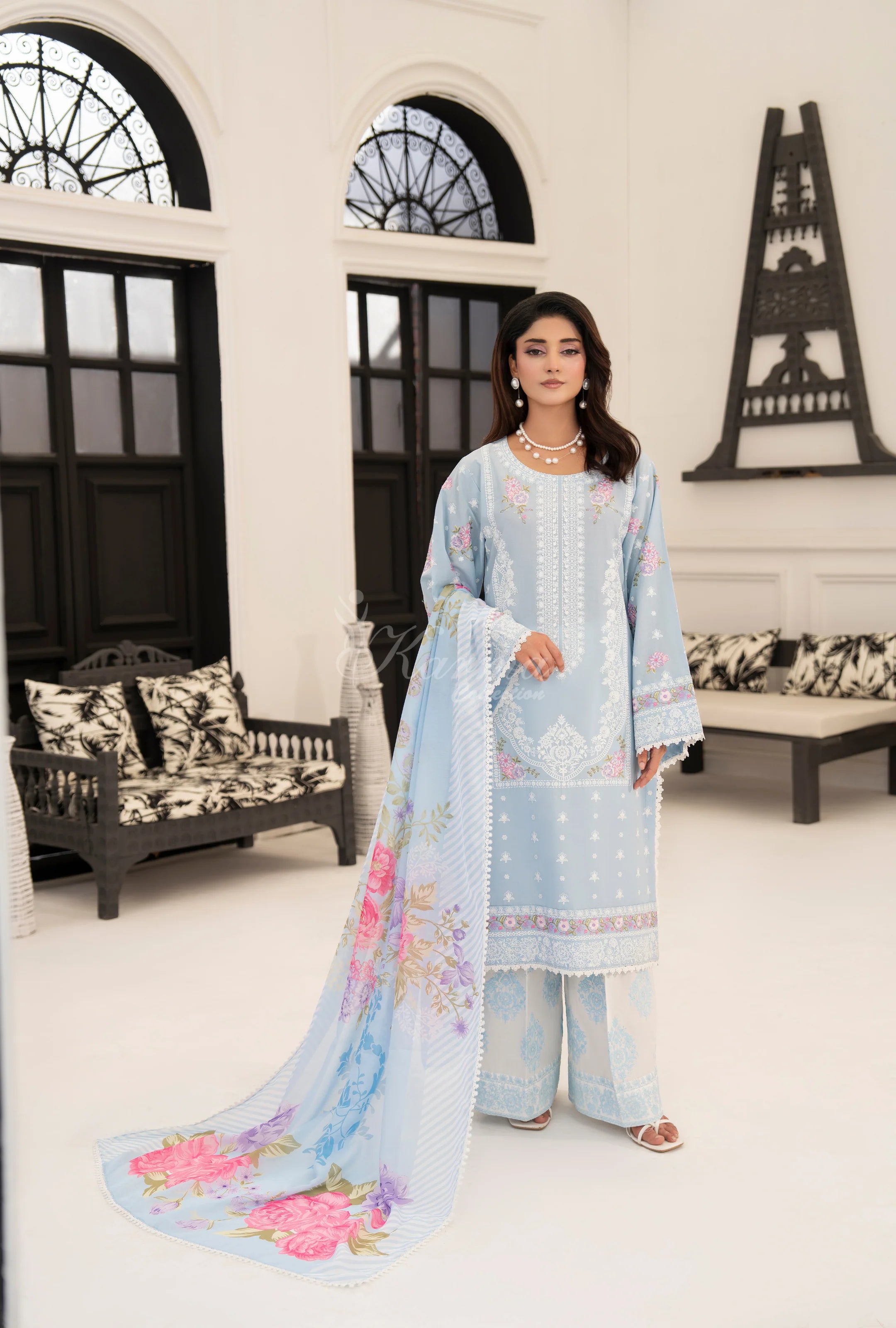 Original karma collection 3pc suit with loose trousers with embroidery DUSTY BLUE KC-1558